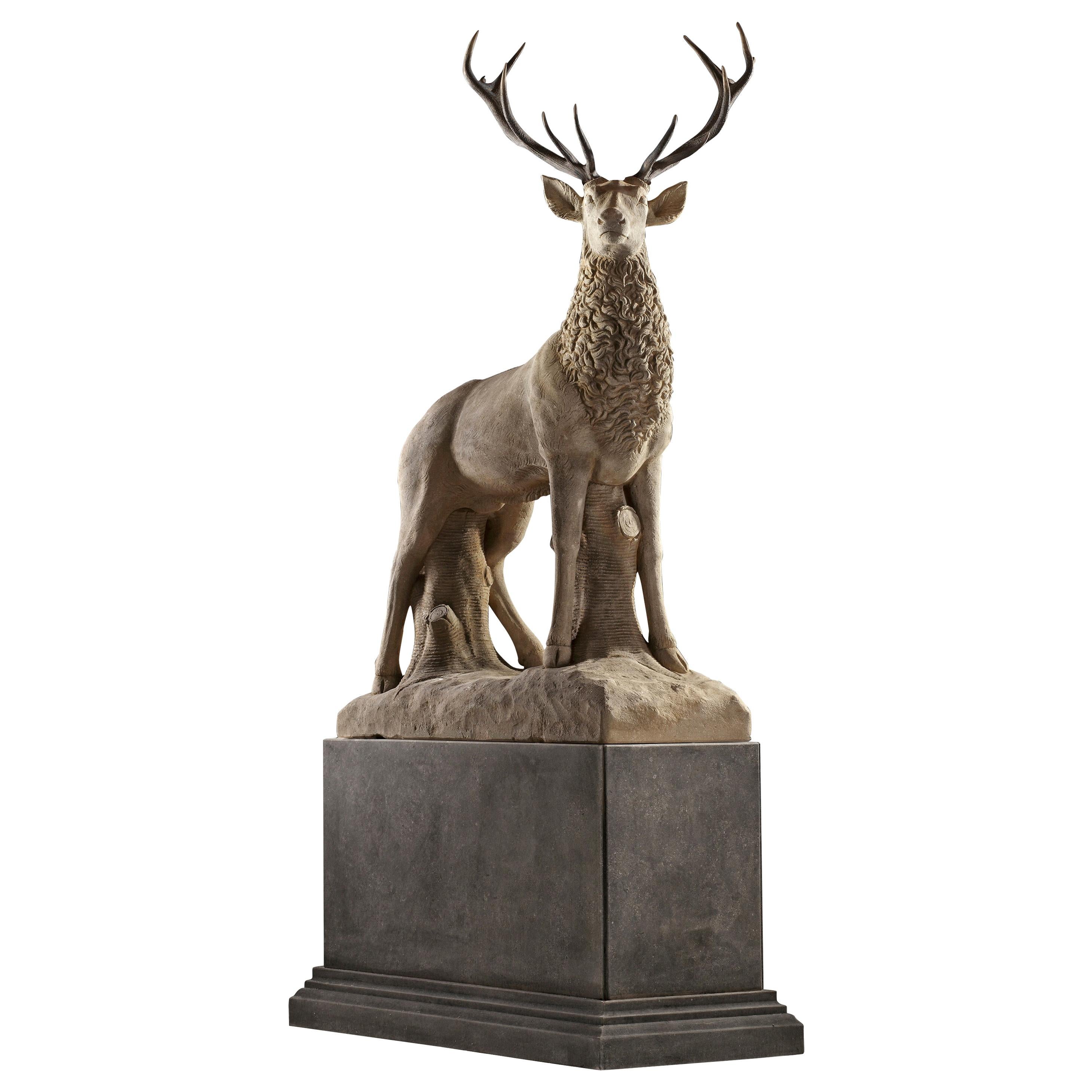 Large Sculpted Limestone and Antler Mounted Model of a Stag / Reindeer