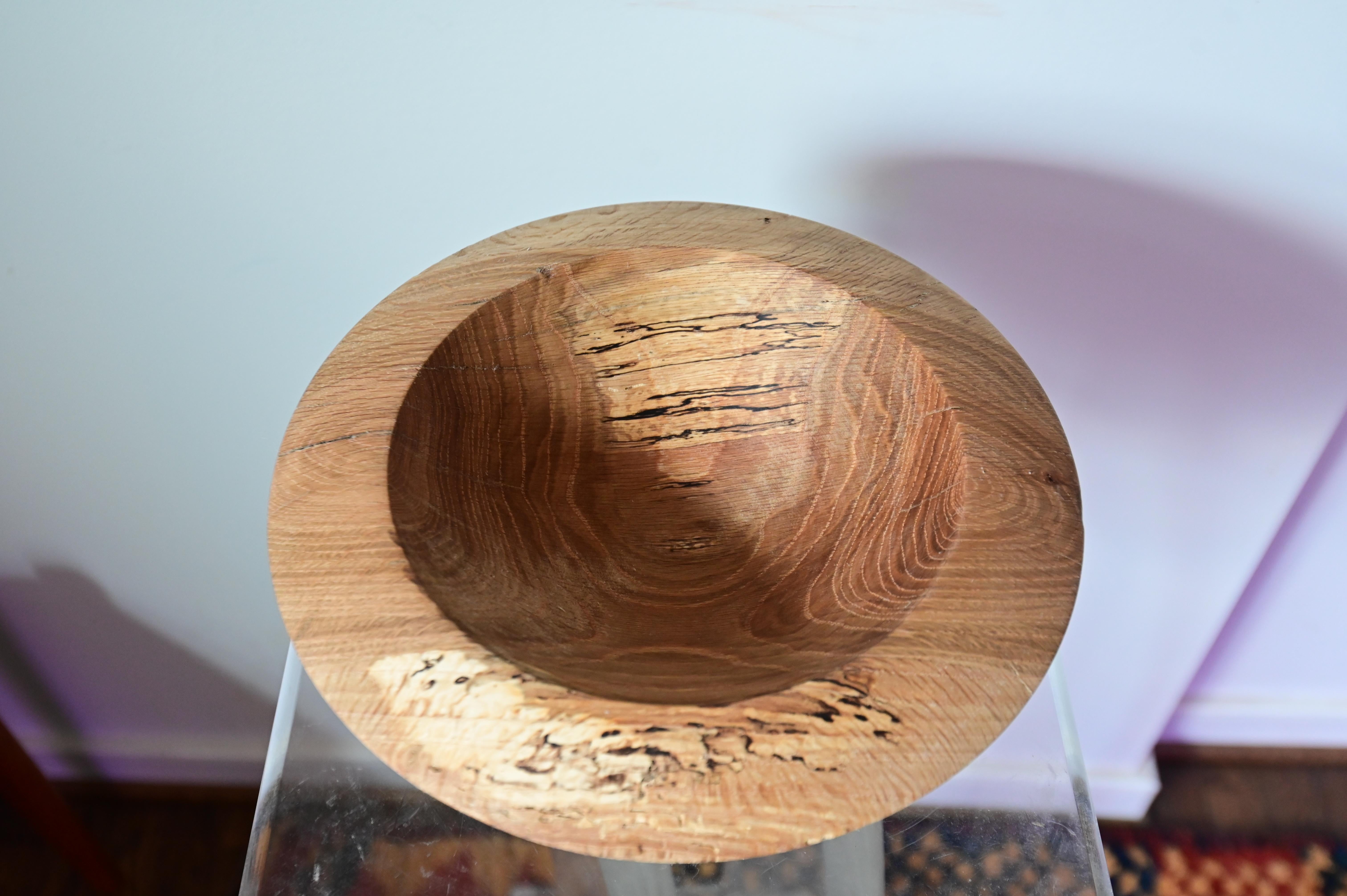 Sculpted wooden bowl from spalted oak (black lines in wood). Hand turned piece. 11