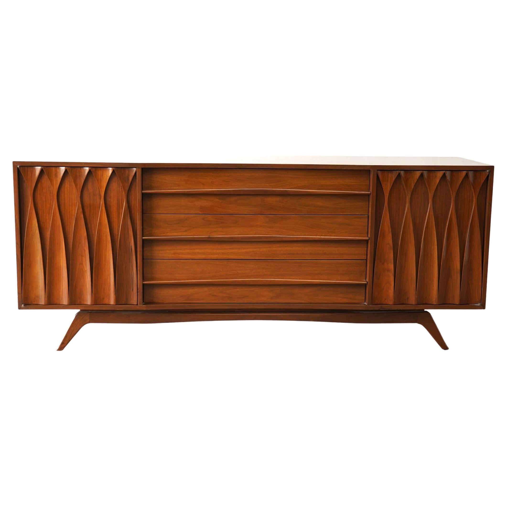 Large  Sculpted Walnut Mid-Century Modern Credenza For Sale