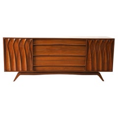 Large  Sculpted Walnut Mid-Century Modern Credenza