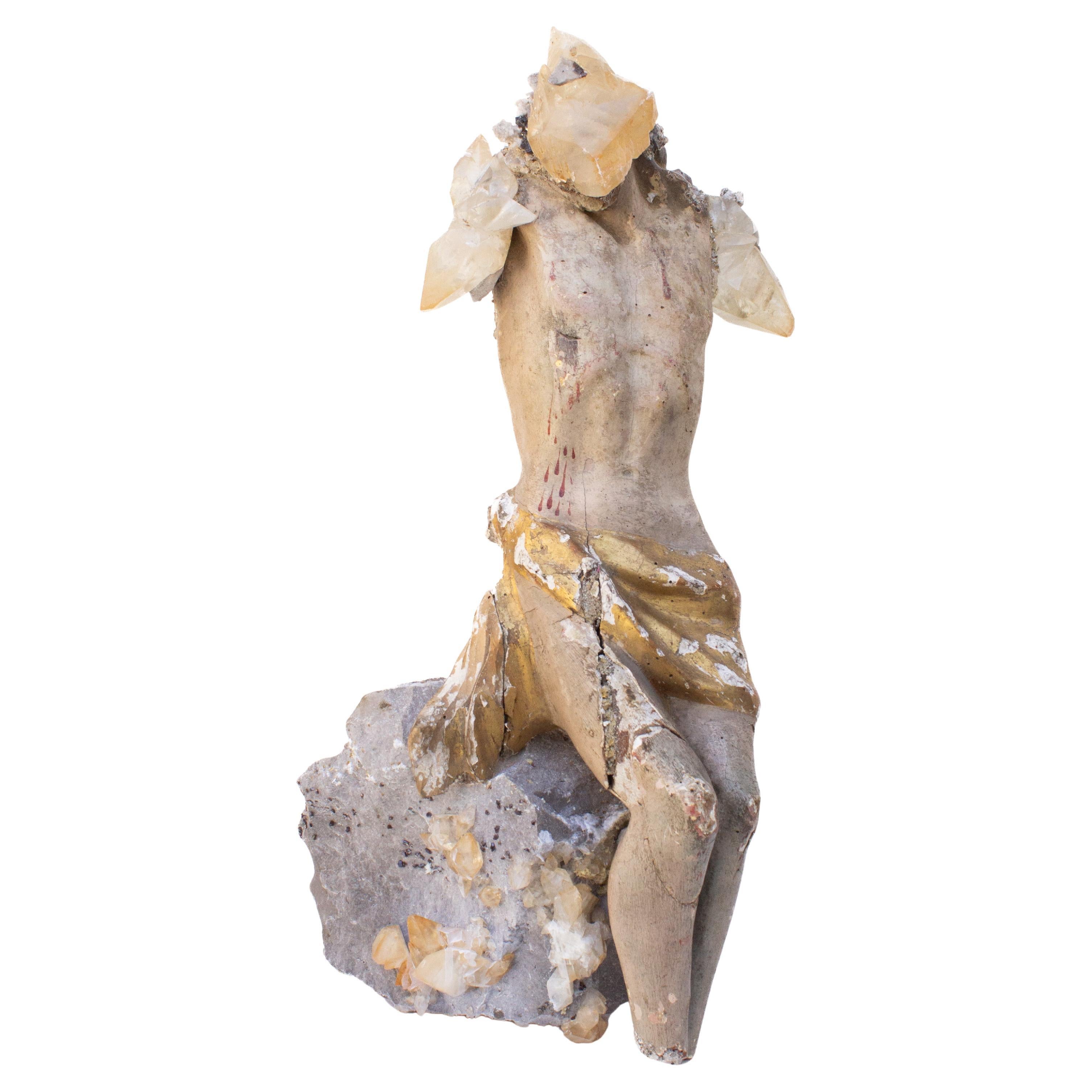 Gran figura escultórica italiana del siglo XVIII de Cristo sobre matriz de cristal de calcita