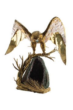 Grande lampe aigle sculpturale en laiton avec géode d'améthyste, années 1970