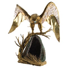 Large Sculptural Brass Eagle Lamp with Amethyst Geode, 1970's
