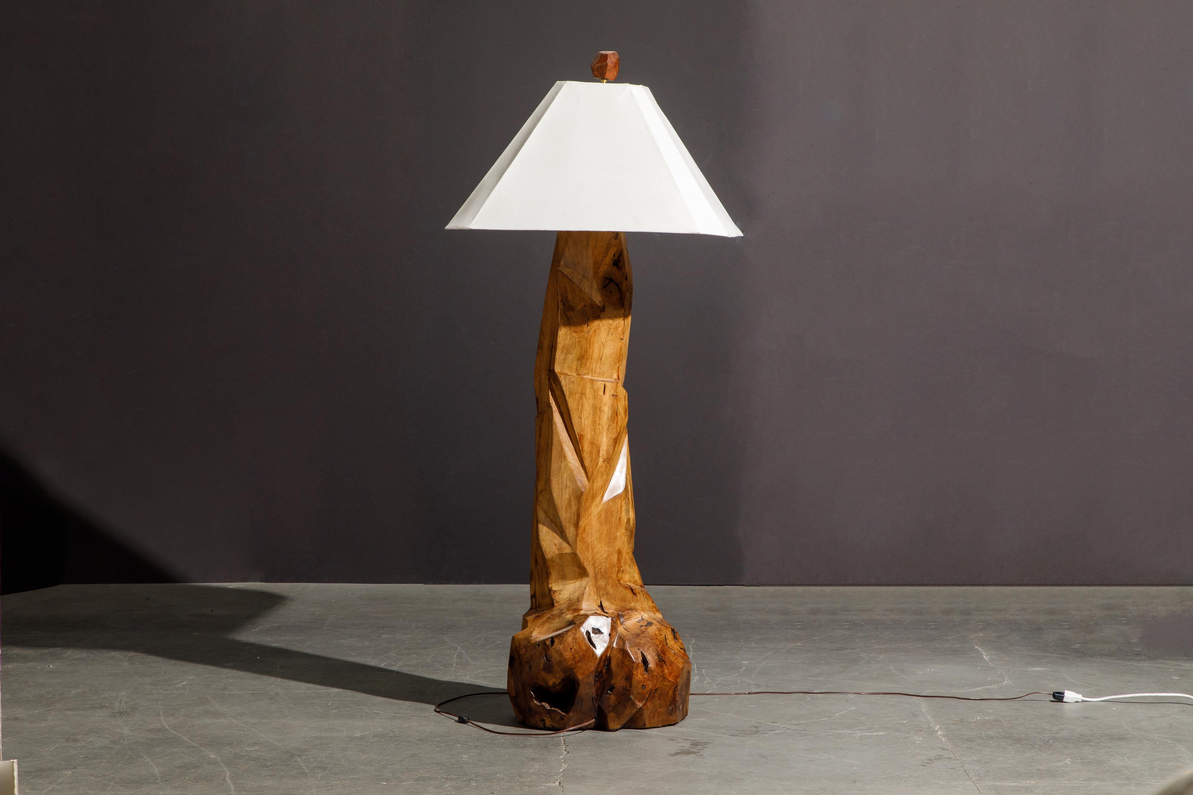Hand-Carved Large Sculptural California Craftsman Carved Wood Floor Lamp, circa 1970s