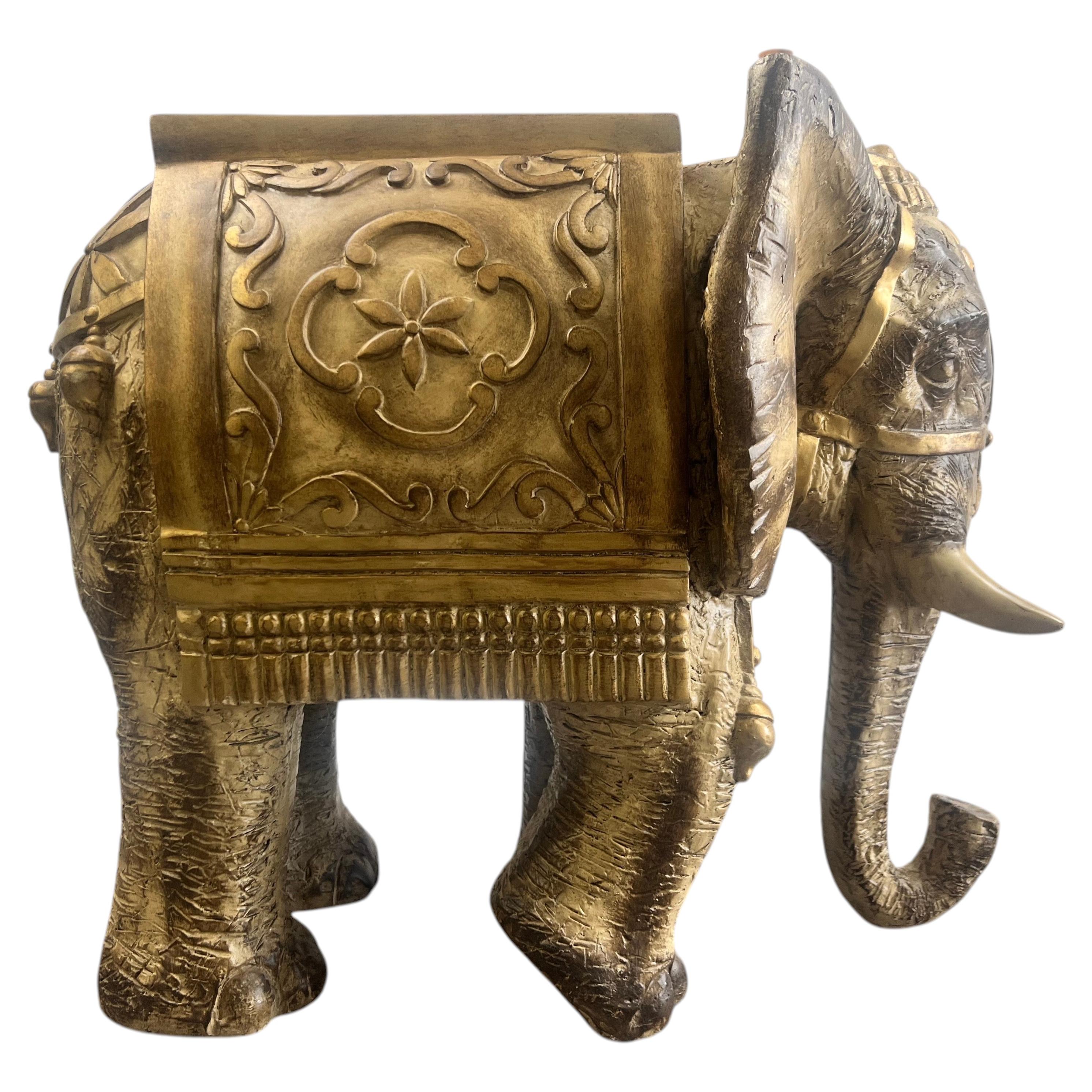 Large Sculptural Elephant Table Base in Carved resin w Antique Gilt Finish For Sale
