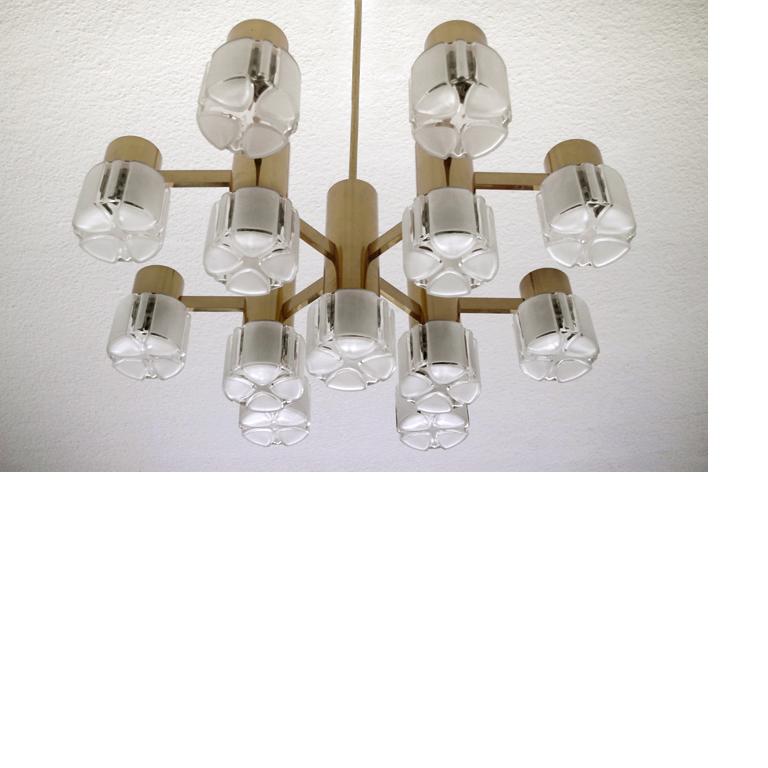Large Sculptural German Glass and Brass Ceiling Light Chandelier Pendant, 1960s For Sale 1