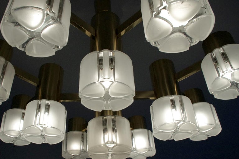 Large Sculptural German Glass And Brass Ceiling Light Chandelier Pendant 1960s