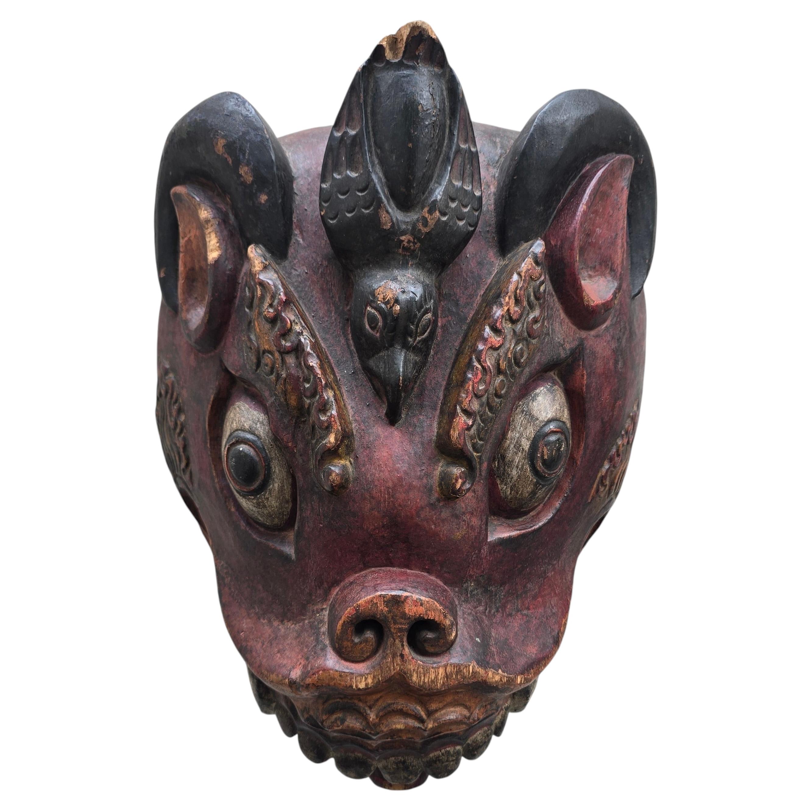 Large Sculptural Indonesian Carved Wood Mask, Polychrome Guardian Figure
