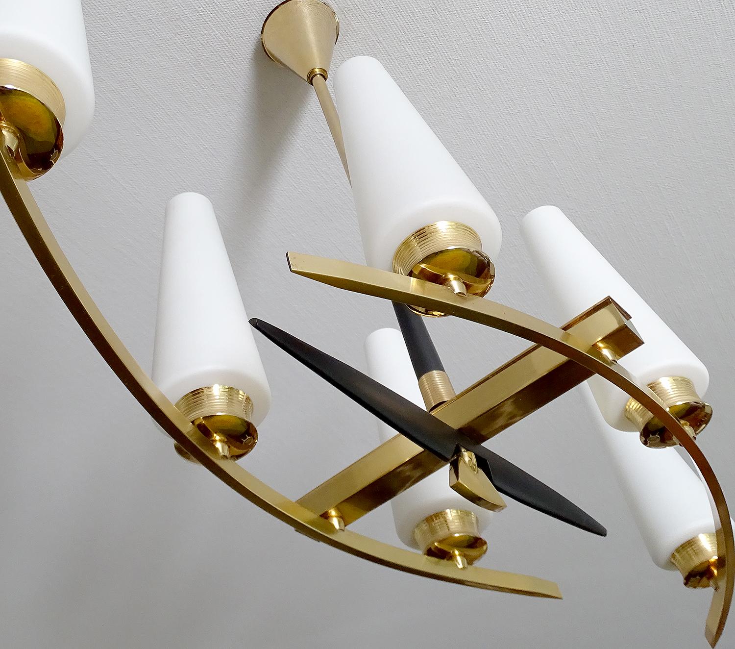 Large  Maison Arlus Brass Chandelier Glass  Pendant Light, , Stilnovo Ponti Era For Sale 4