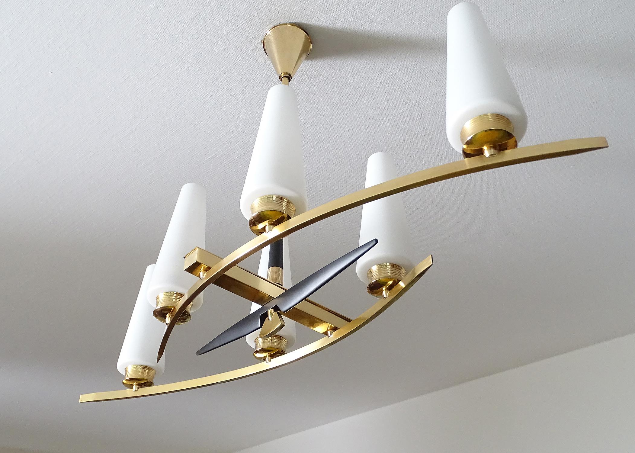 Mid-Century Modern Large  Maison Arlus Brass Chandelier Glass  Pendant Light, , Stilnovo Ponti Era For Sale