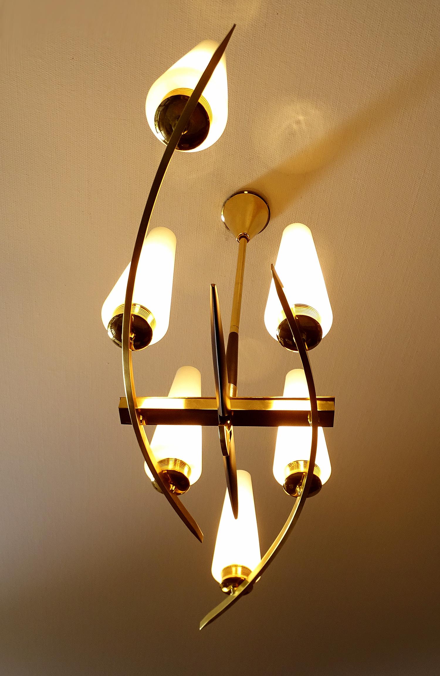 Mid-20th Century Large  Maison Arlus Brass Chandelier Glass  Pendant Light, , Stilnovo Ponti Era For Sale