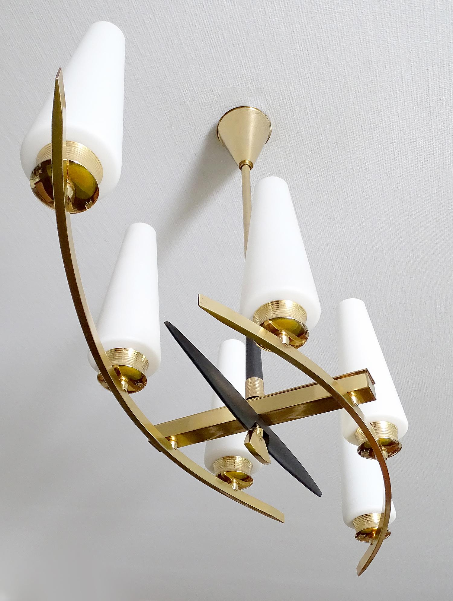 Large  Maison Arlus Brass Chandelier Glass  Pendant Light, , Stilnovo Ponti Era For Sale 1