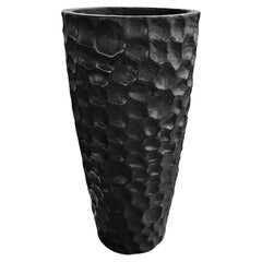 Large Sculptural Mango Wood Vase with Hand-hewn Detailing, Burnt Finish