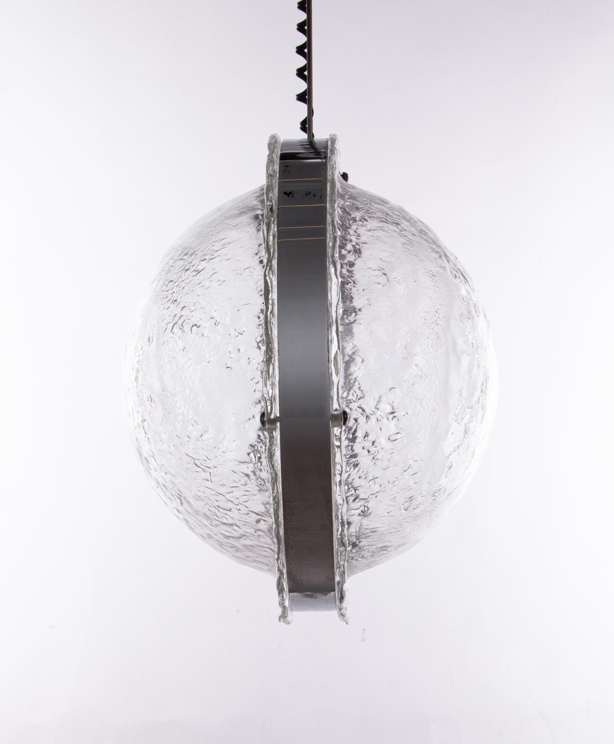 Late 20th Century 1970 Italy Mazzega Large Sculptural Pendant Lamp Murano Glass & Chrome For Sale