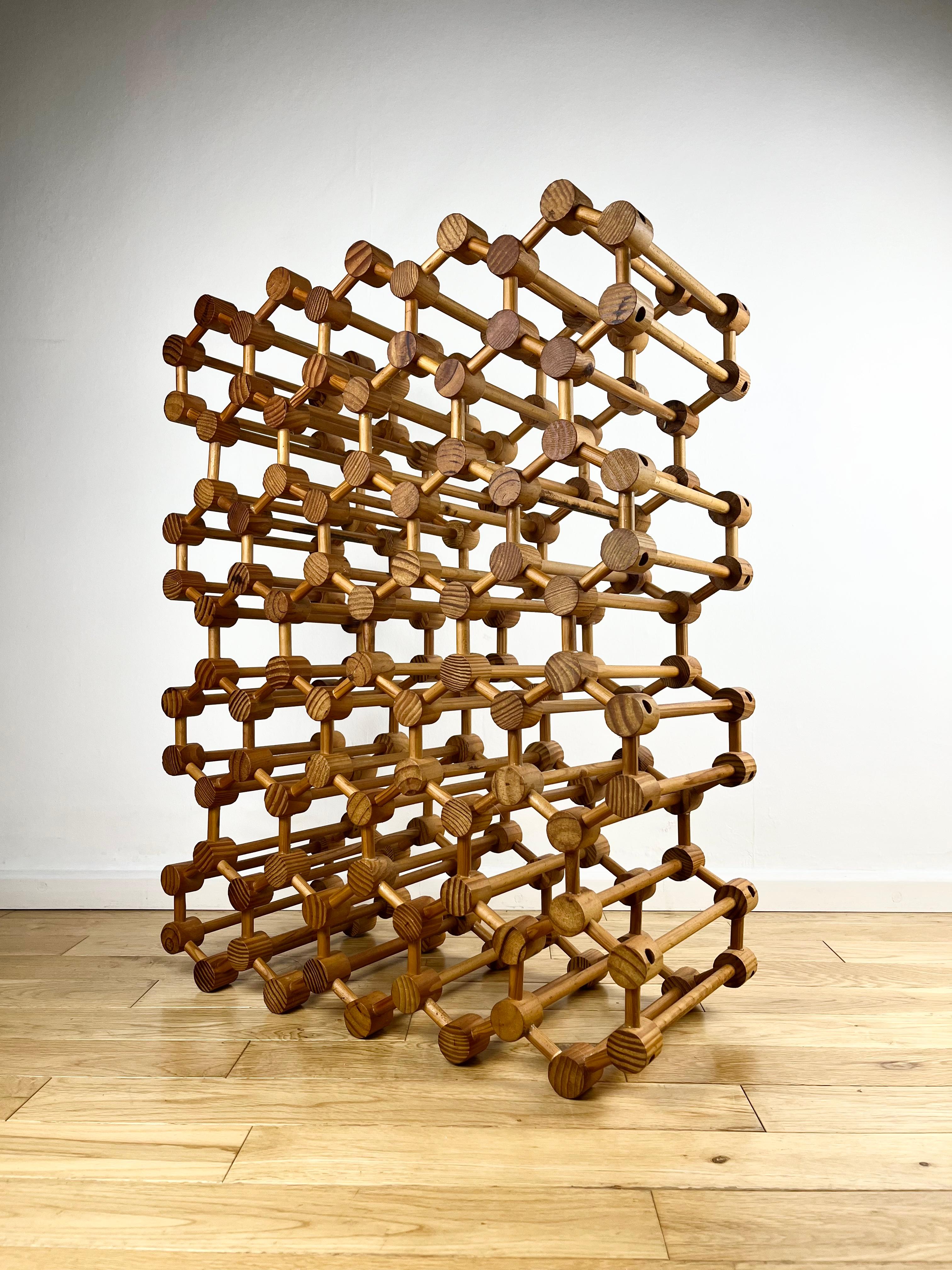Large Sculptural Mid Century Wine Rack 36 bottles 1960s Geometric Wooden In Fair Condition In London, GB