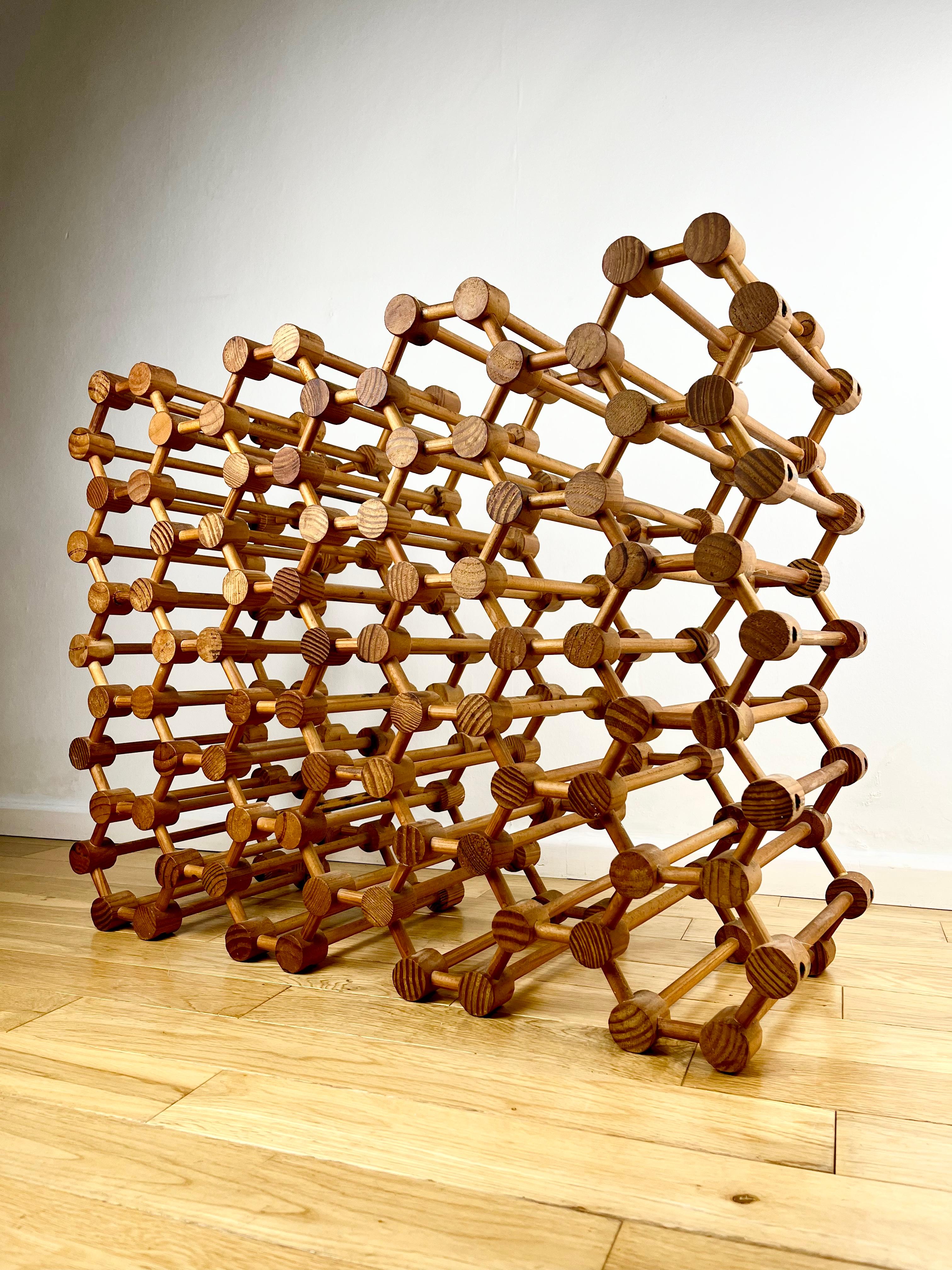 Large Sculptural Mid Century Wine Rack 36 bottles 1960s Geometric Wooden 1