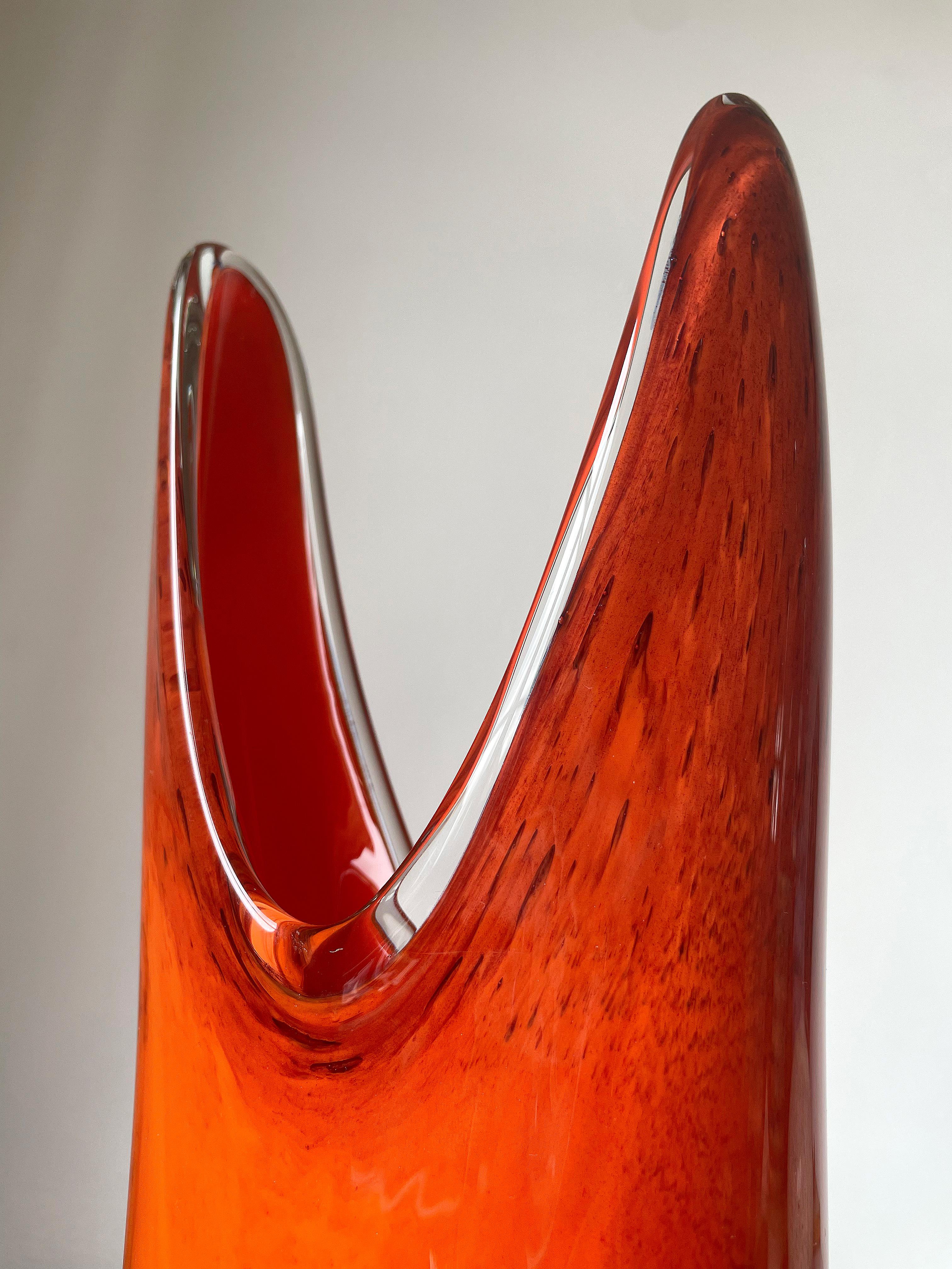 Large Sculptural Mouth-Blown 1950s Orange Art Glass Vase, Scandinavia 3