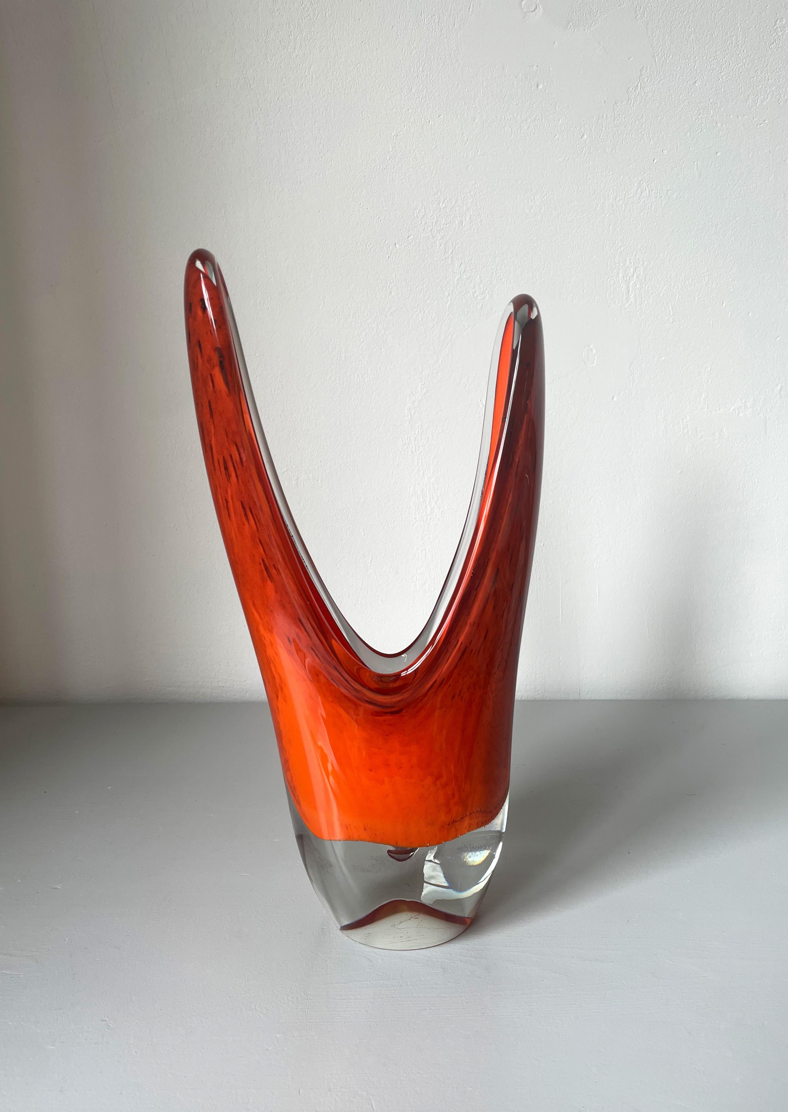 Mid-Century Modern Large Sculptural Mouth-Blown 1950s Orange Art Glass Vase, Scandinavia