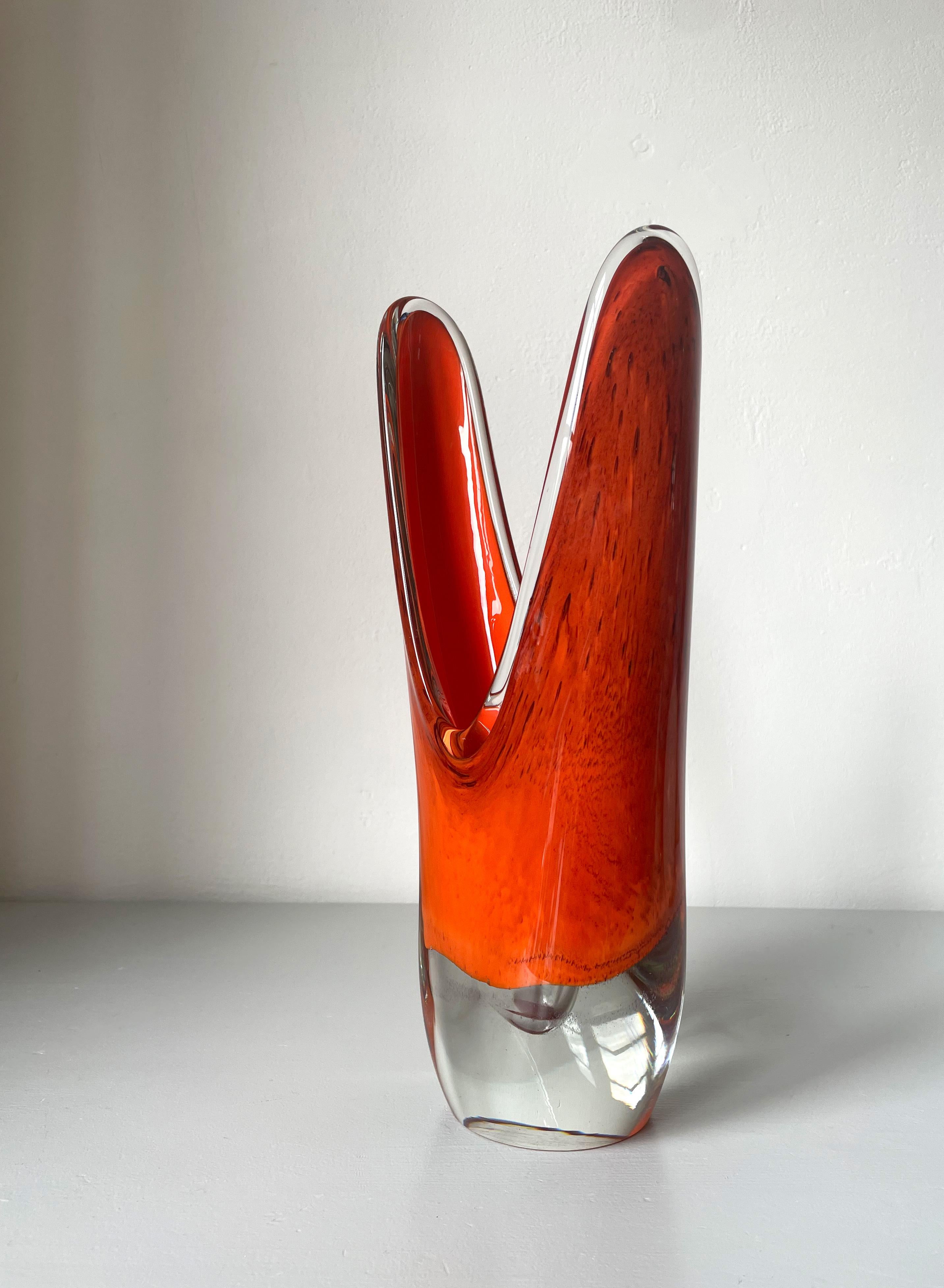 Scandinavian Large Sculptural Mouth-Blown 1950s Orange Art Glass Vase, Scandinavia