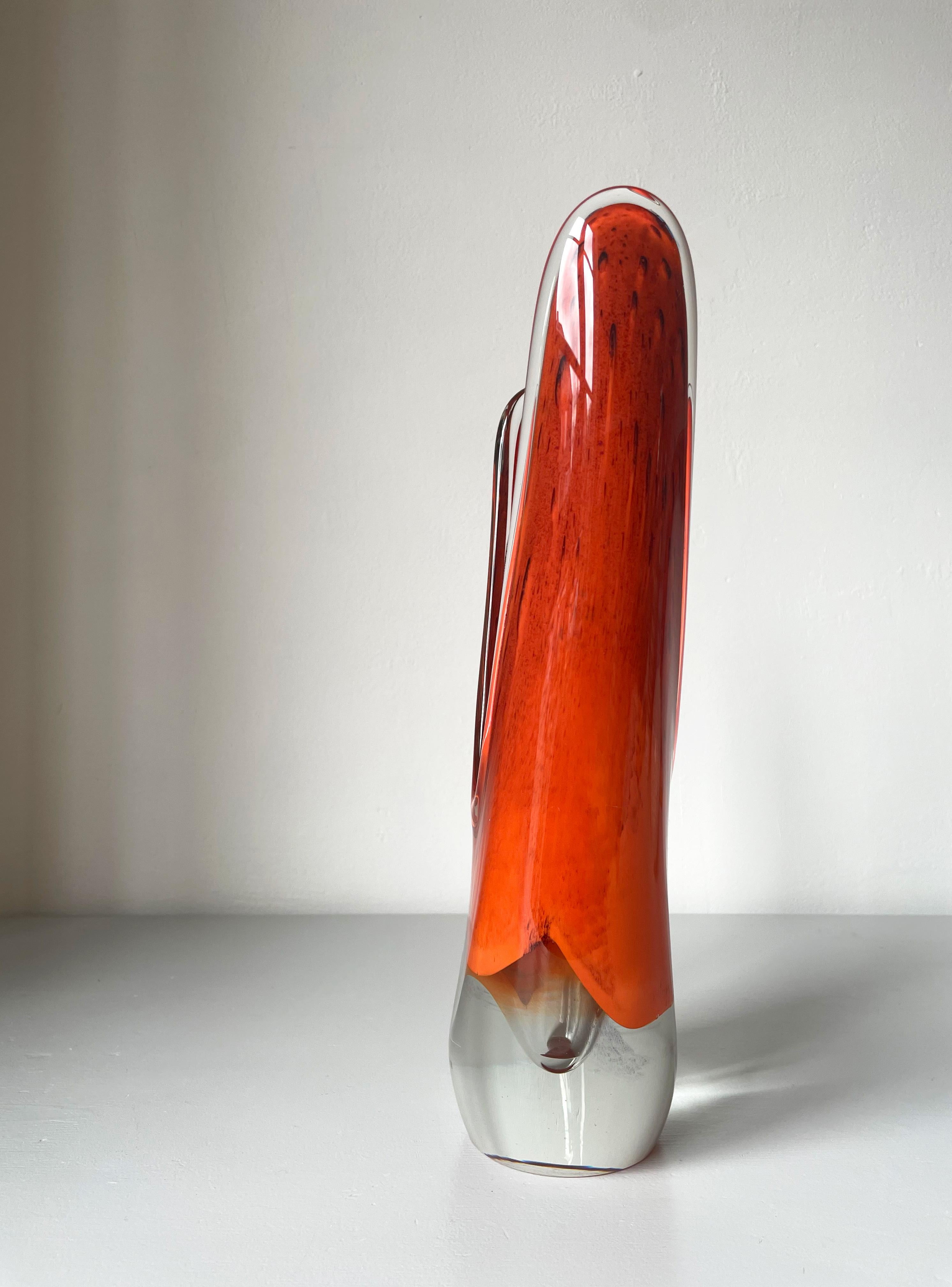 Hand-Crafted Large Sculptural Mouth-Blown 1950s Orange Art Glass Vase, Scandinavia