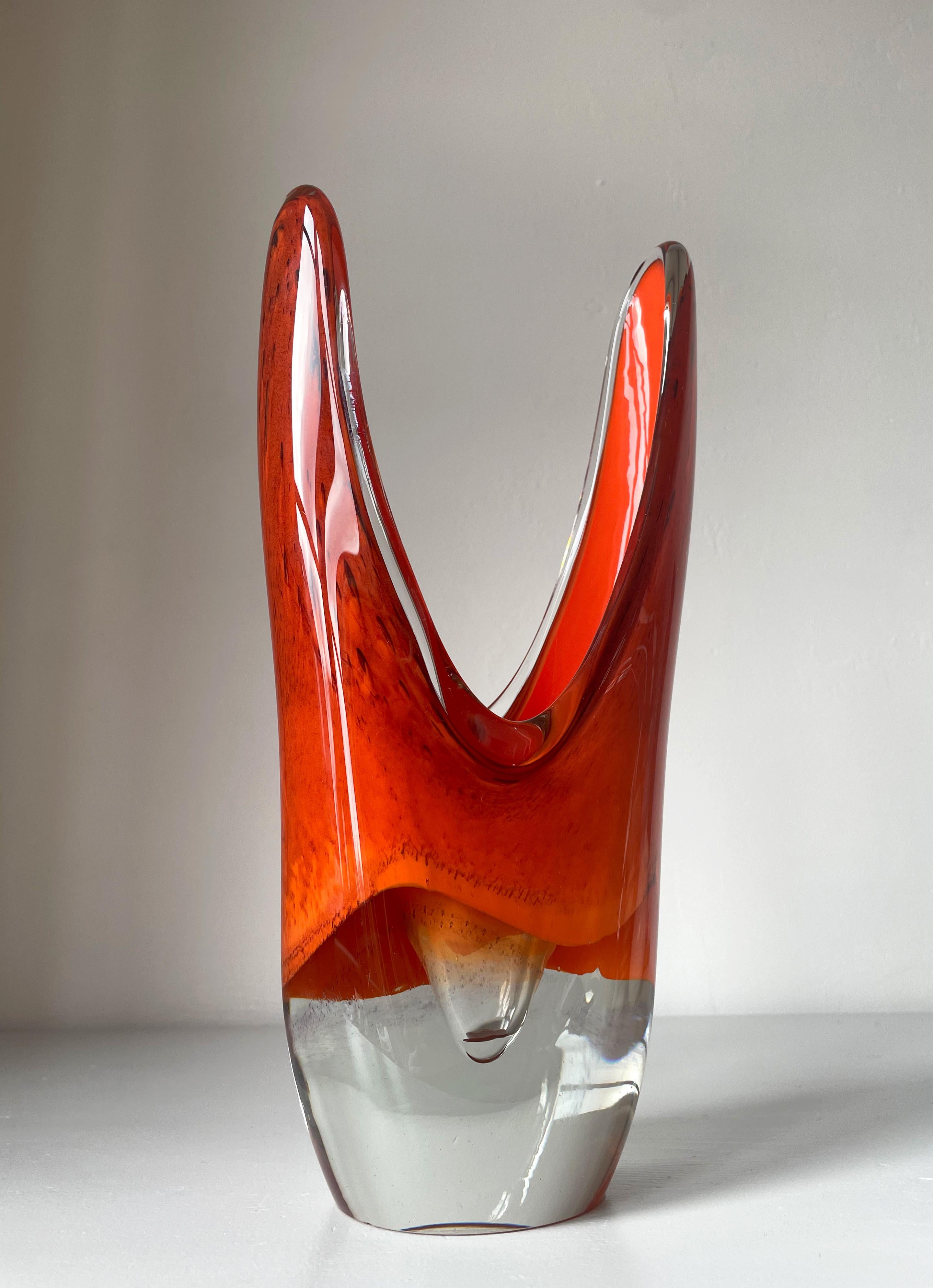 20th Century Large Sculptural Mouth-Blown 1950s Orange Art Glass Vase, Scandinavia