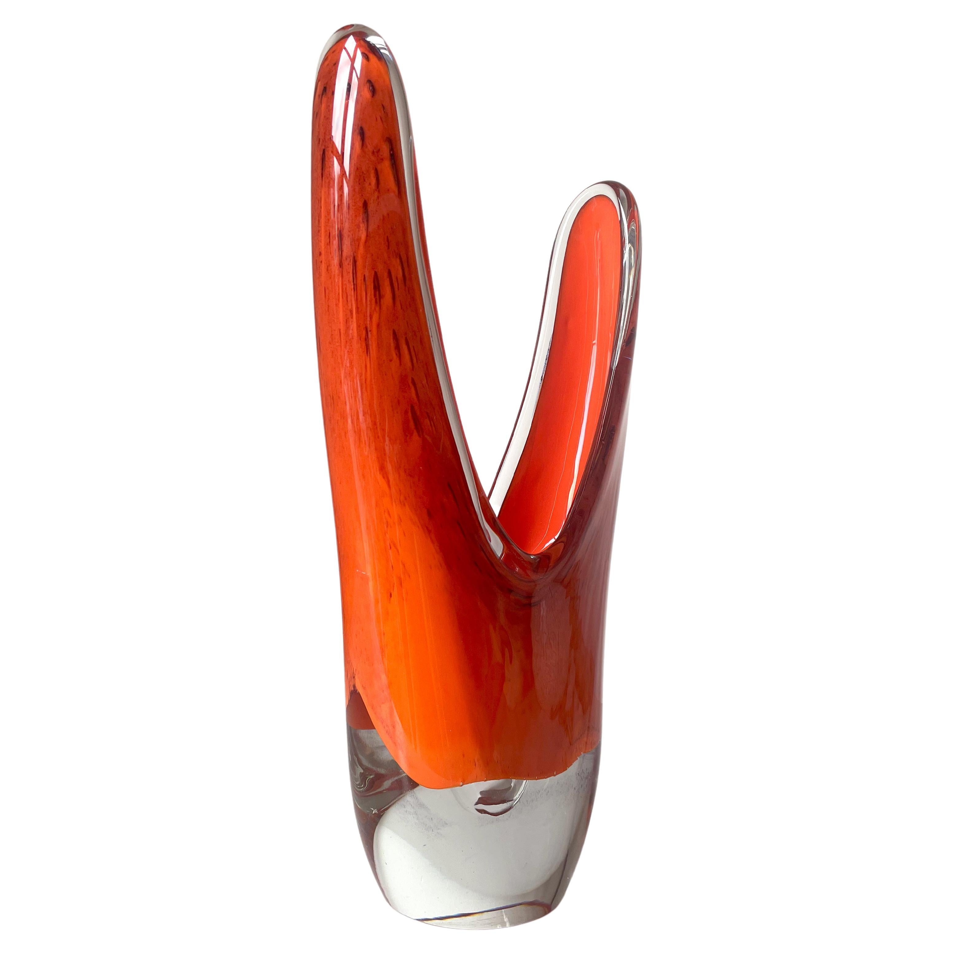 Large Sculptural Mouth-Blown 1950s Orange Art Glass Vase, Scandinavia