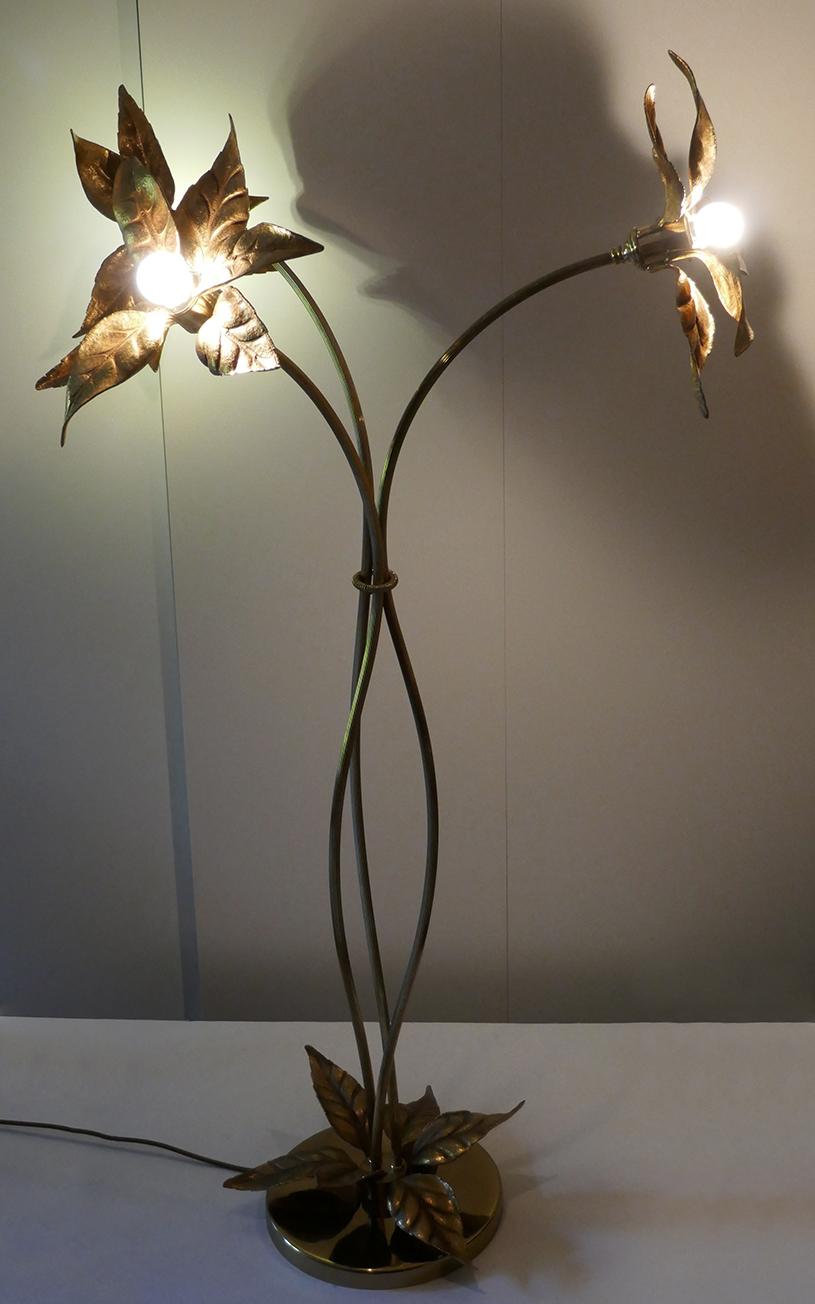 Belgian Large Sculptural Organic Brass and Gilt Metal Flower Leaf Floor Light, 1960s For Sale