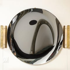 Grande specchio scultoreo rotondo concavo in argento nero o arte da parete, Italia, 47" diam.
