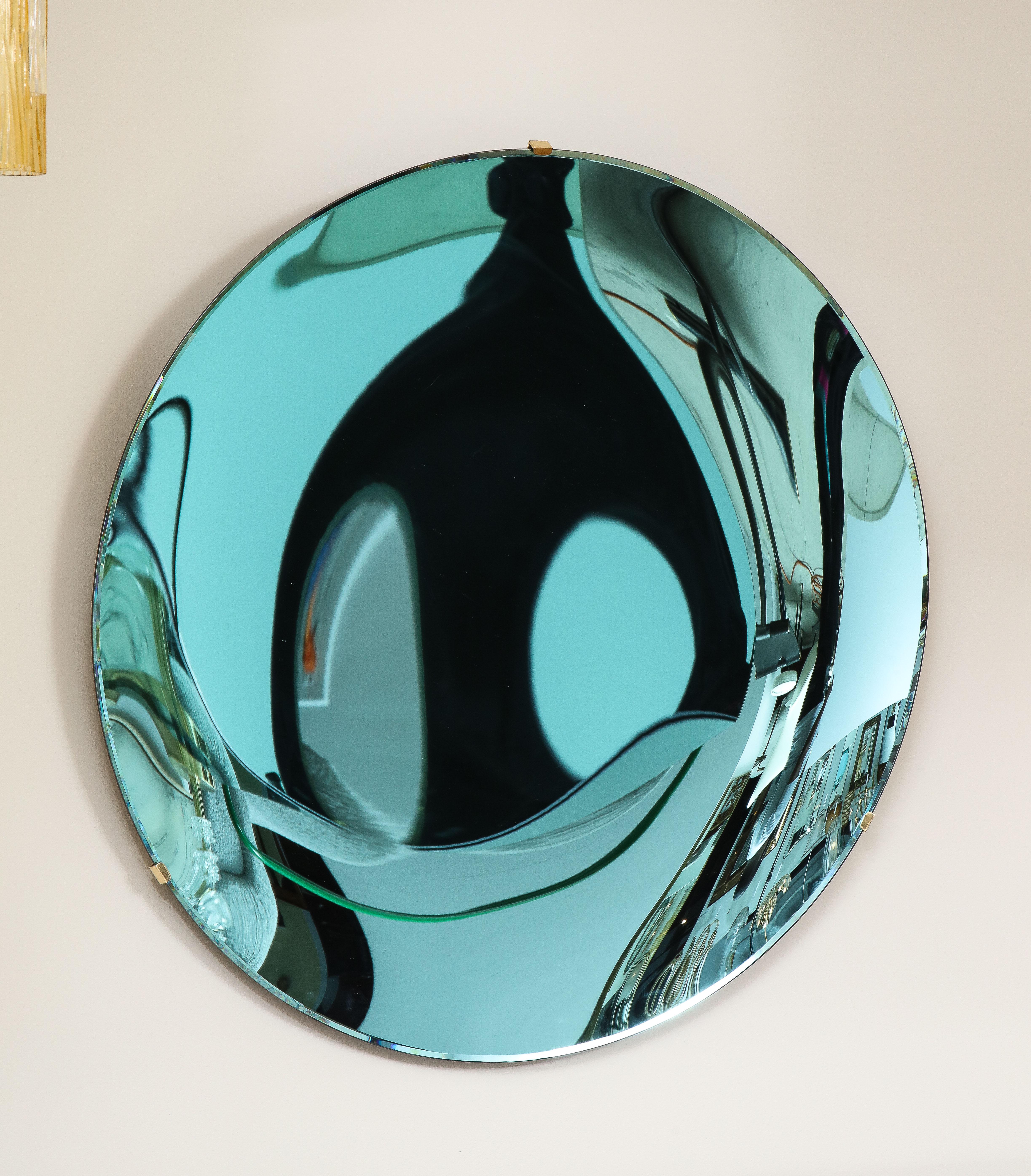 Brass Large Sculptural Round Concave Blue Green Mirror or Wall Art, Italy, 2022