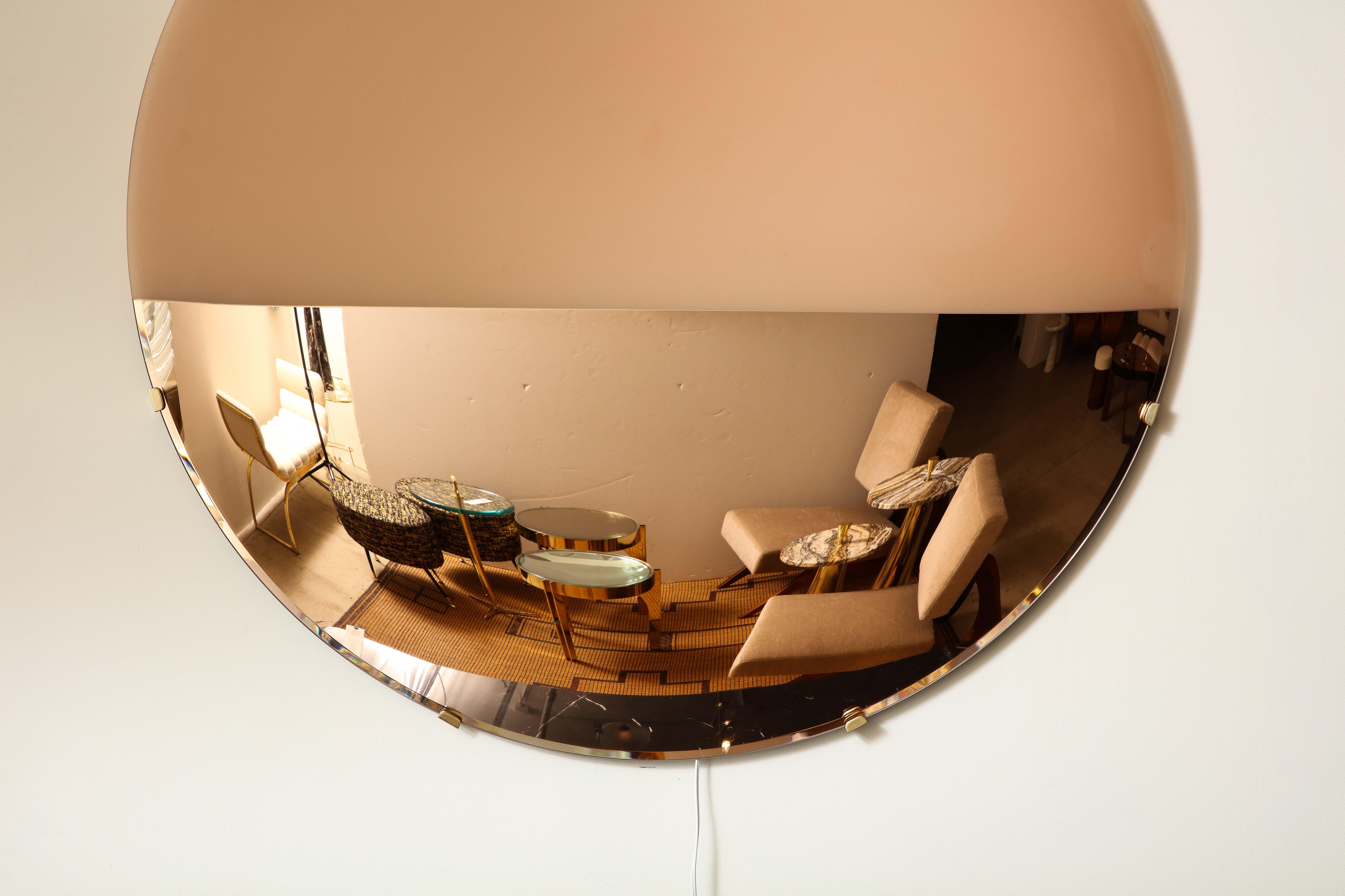Large Sculptural Round Convex Rose Gold Lighted Mirror or Wall Art, Italy For Sale 2