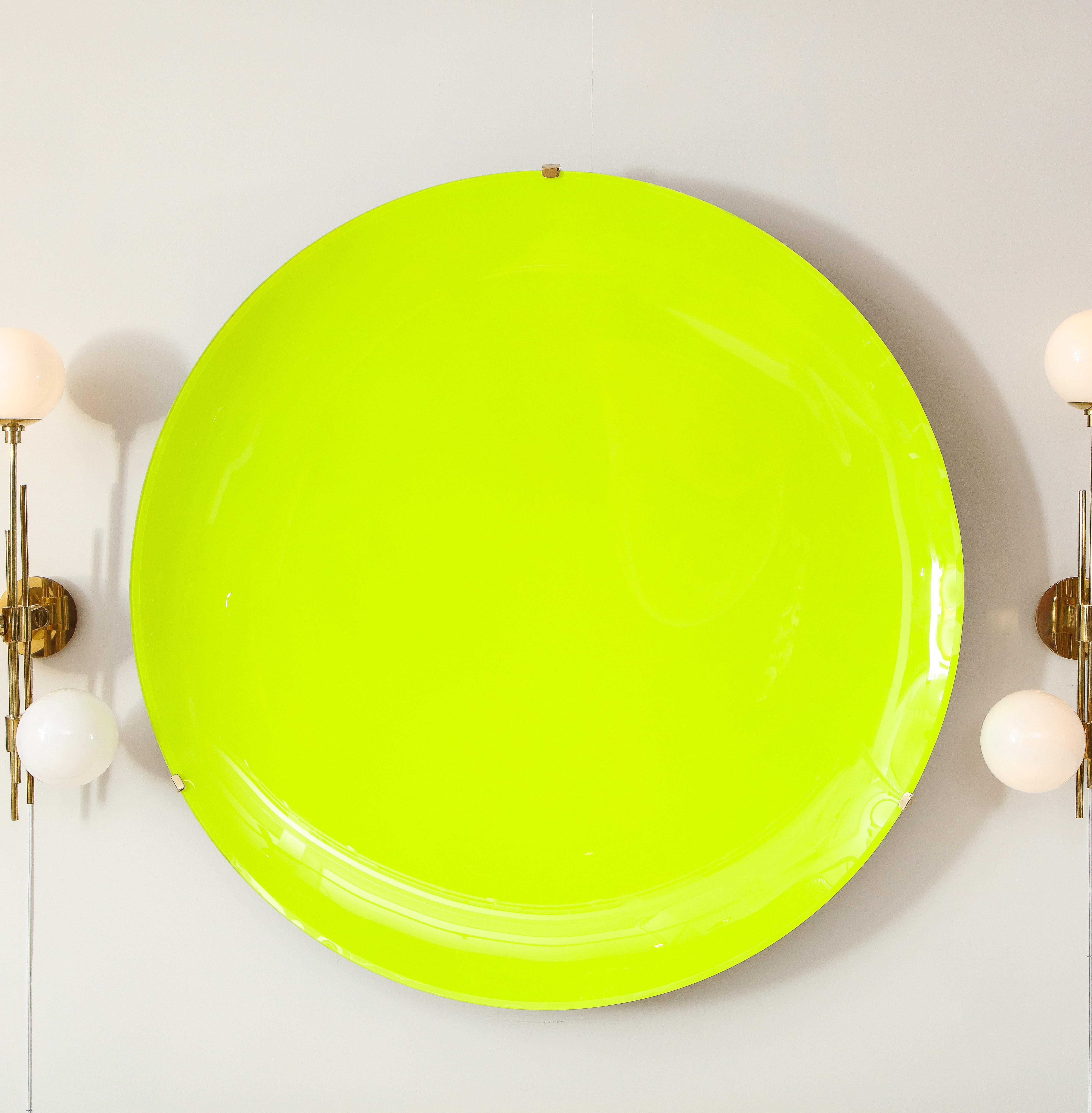 Large Sculptural Round Neon Yellow Concave Glass Disc Wall Sculpture, Italy 2022 3