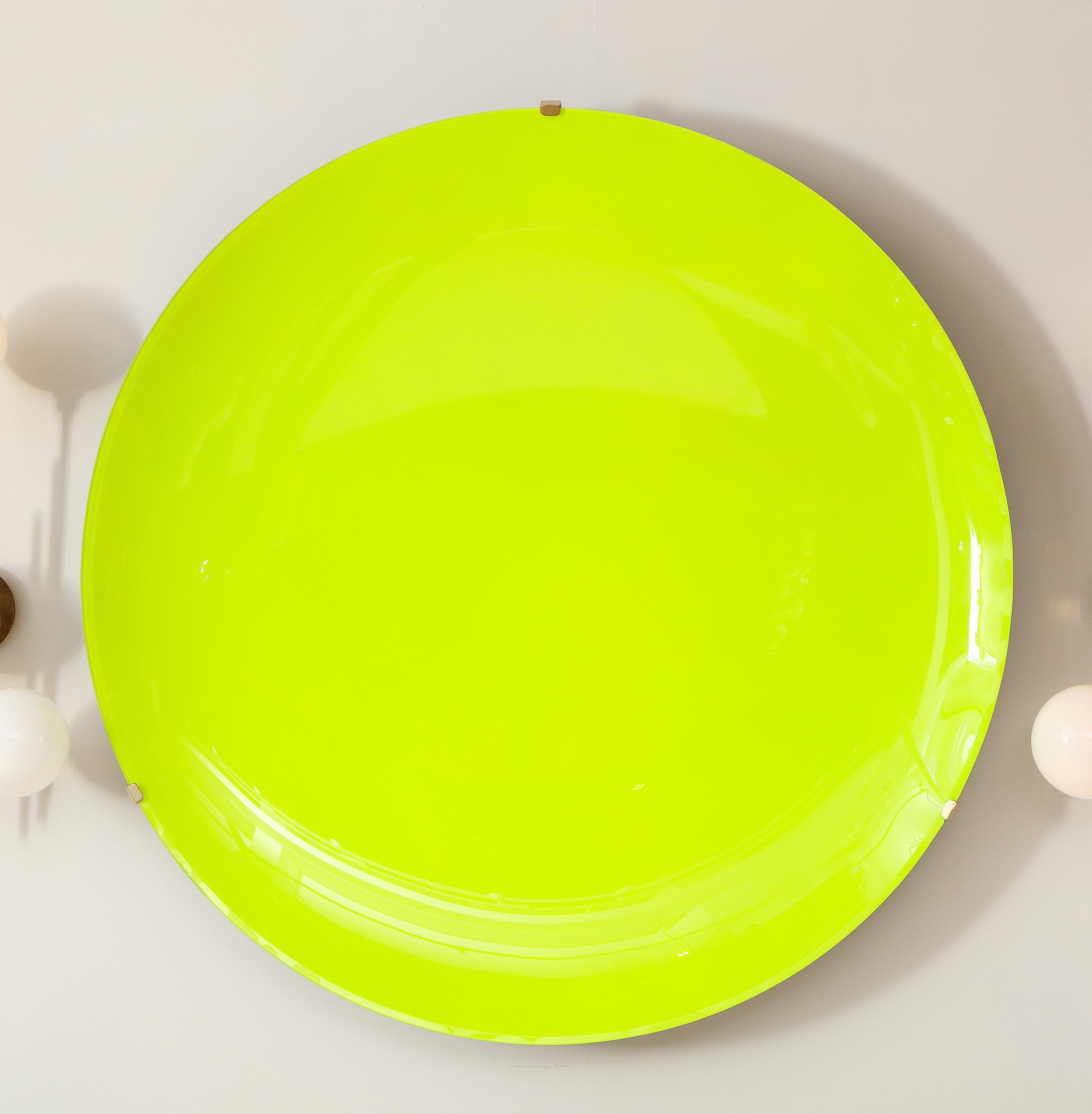 Italian Large Sculptural Round Neon Yellow Concave Glass Disc Wall Sculpture, Italy 2022