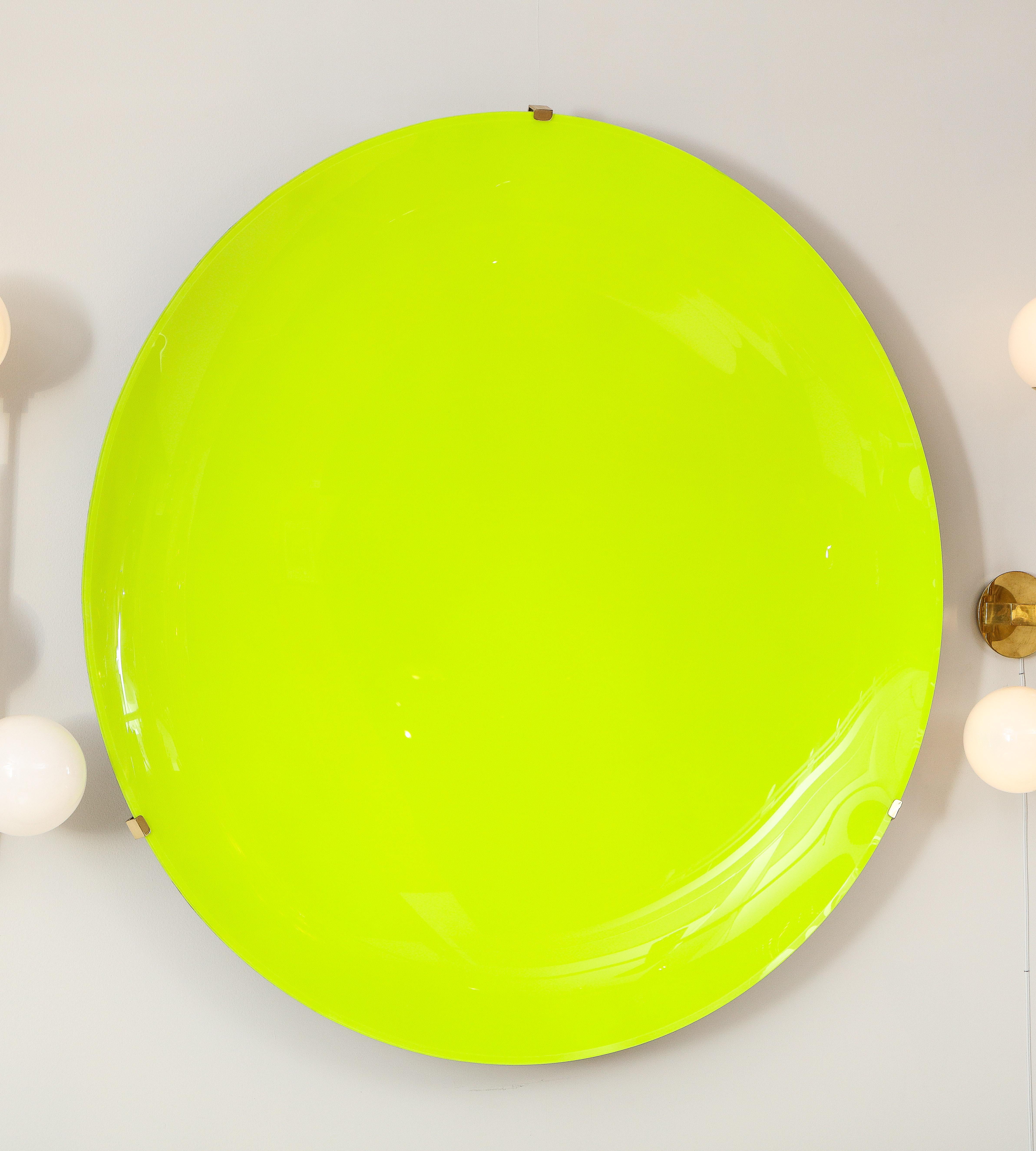 Hand-Crafted Large Sculptural Round Neon Yellow Concave Glass Disc Wall Sculpture, Italy 2022