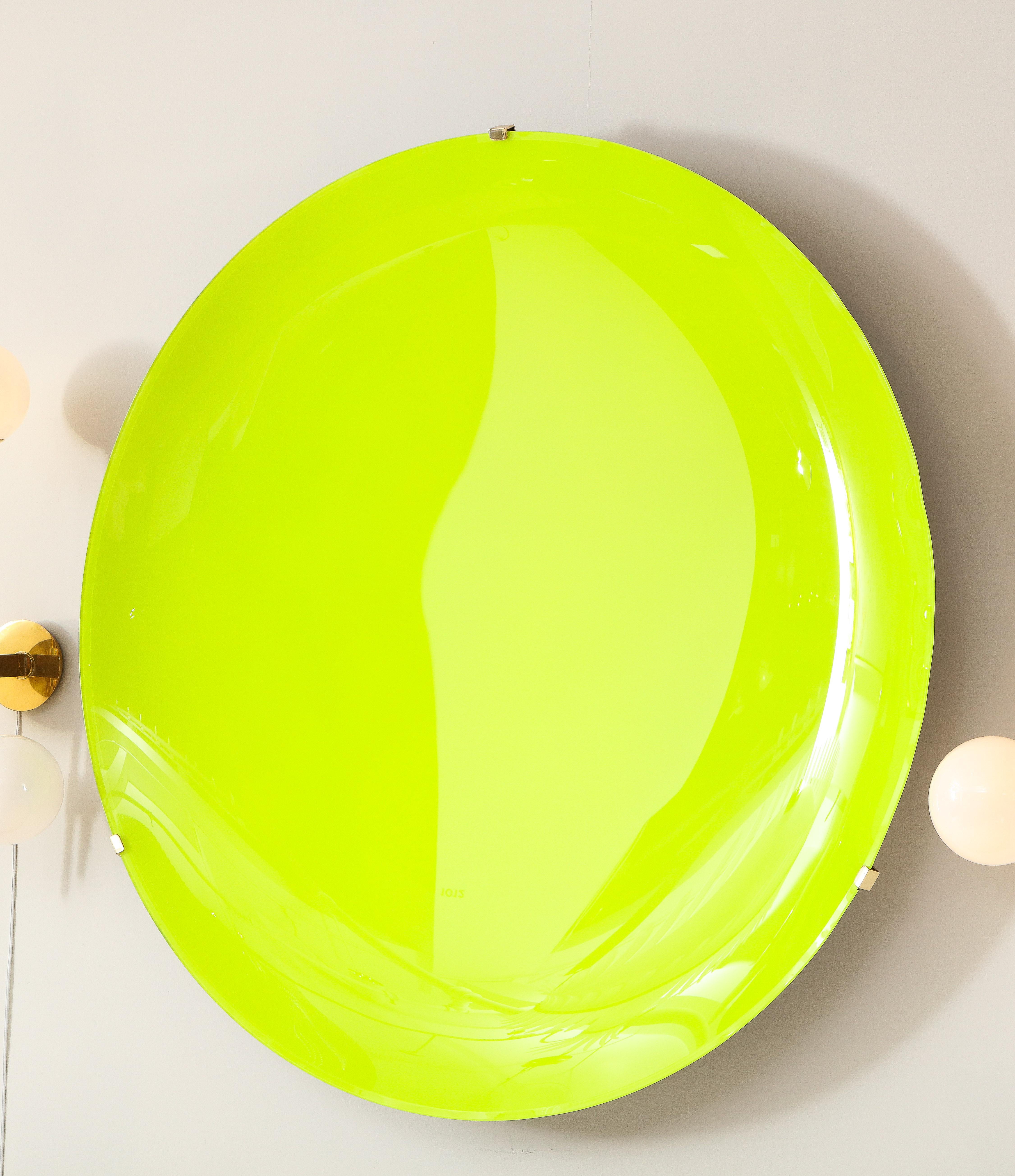 Large Sculptural Round Neon Yellow Concave Glass Disc Wall Sculpture, Italy 2022 In New Condition In New York, NY