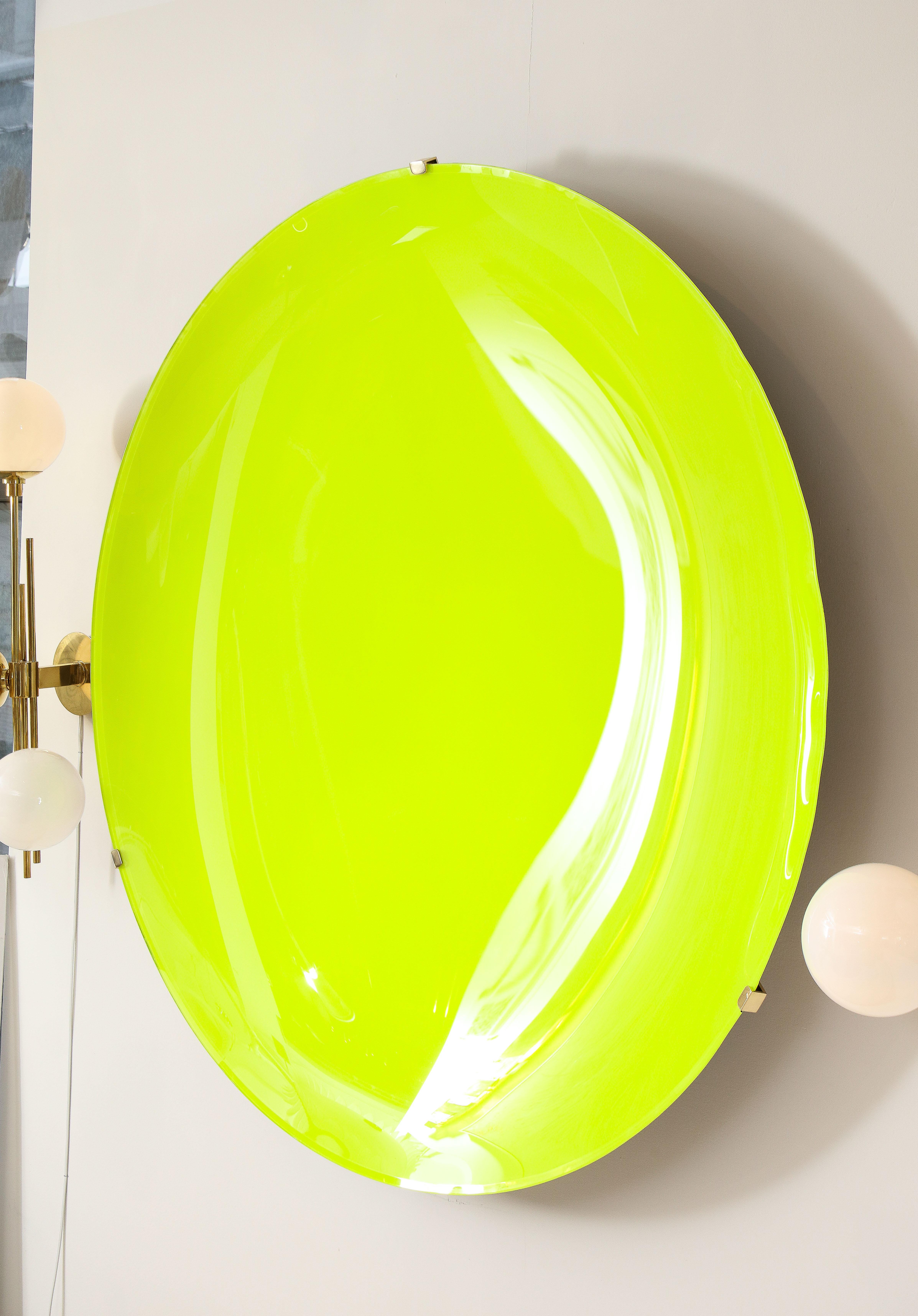 Large Sculptural Round Neon Yellow Concave Glass Disc Wall Sculpture, Italy 2022 1