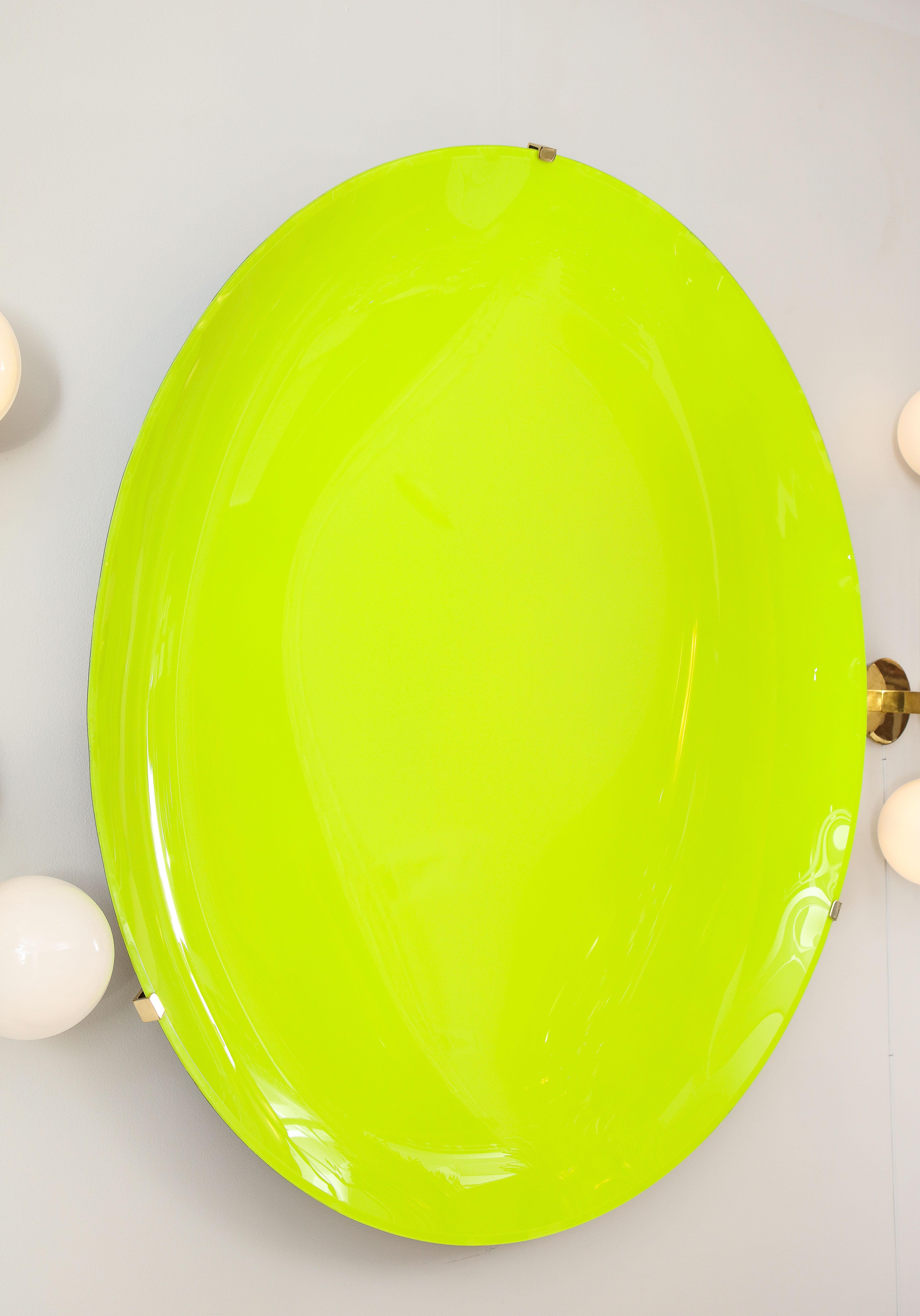 Large Sculptural Round Neon Yellow Concave Glass Disc Wall Sculpture, Italy 2022 2