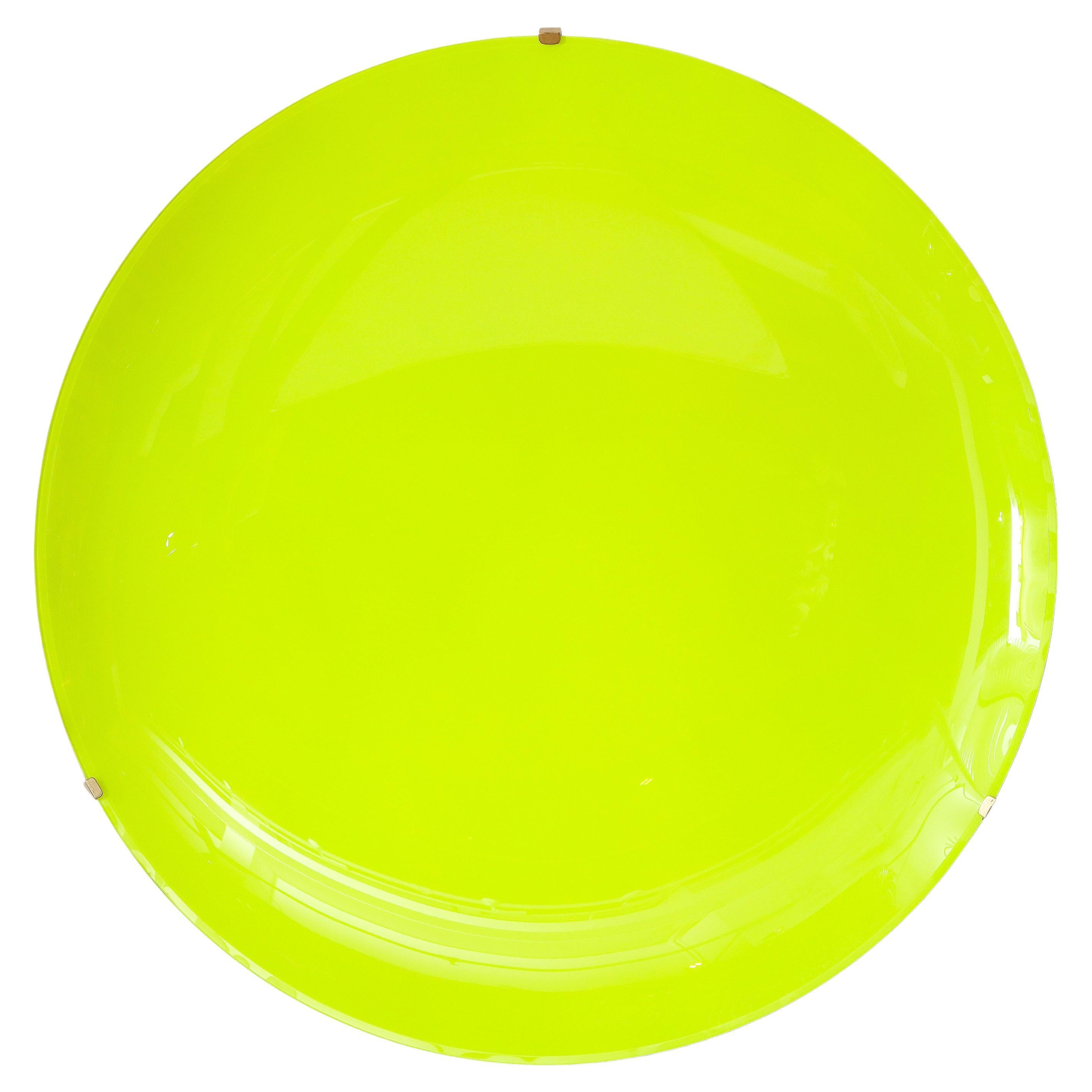 Large Sculptural Round Neon Yellow Concave Glass Disc Wall Sculpture, Italy 2022