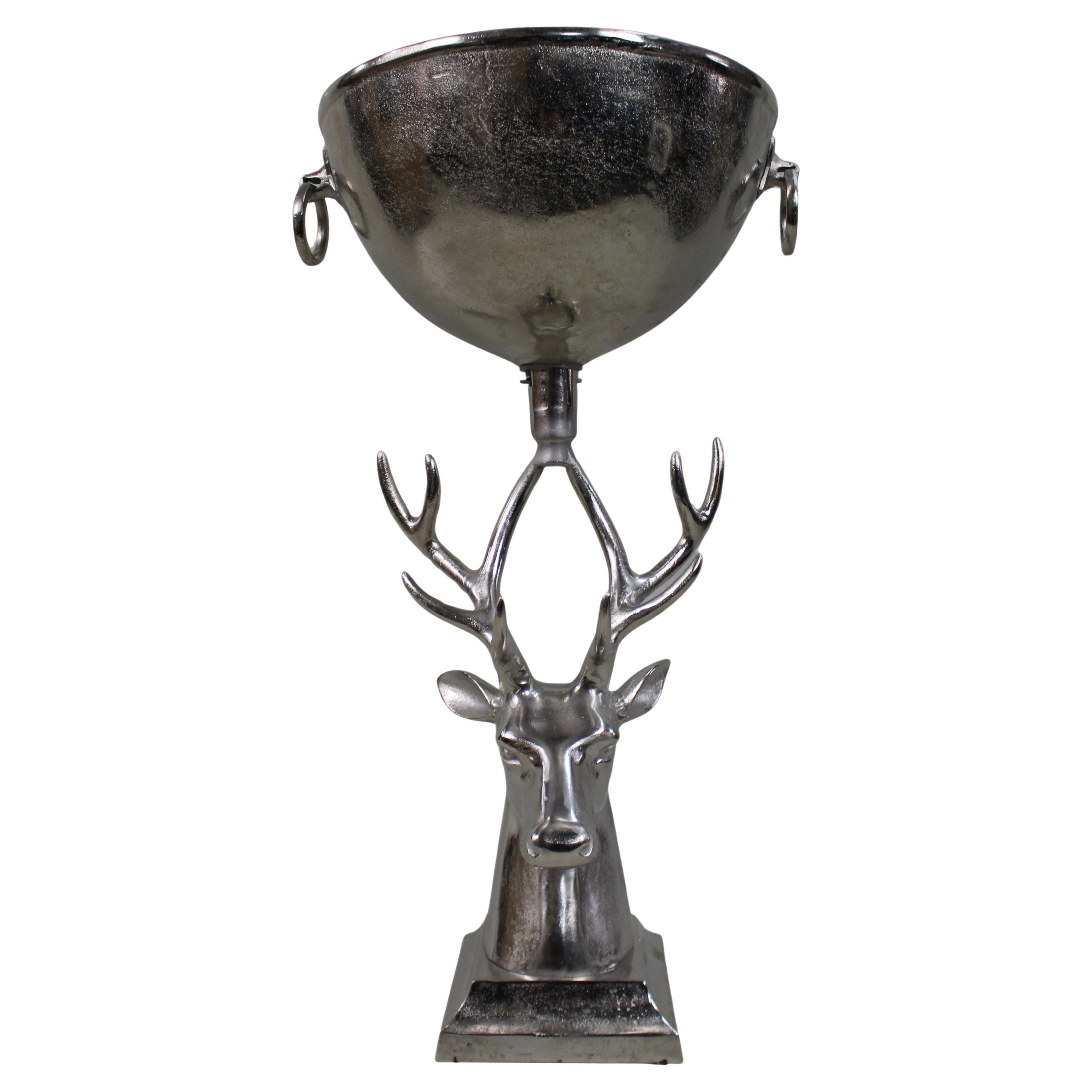 Large Sculptural Silvered Metal Stag Centrepiece Bowl