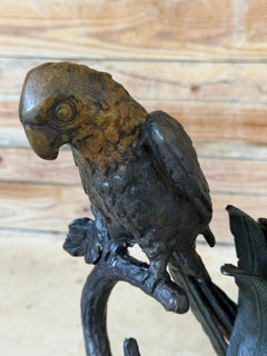 Large Sculptural Tropical Parrot Figure  Patinated Bronze-Tone Bird Sculpture