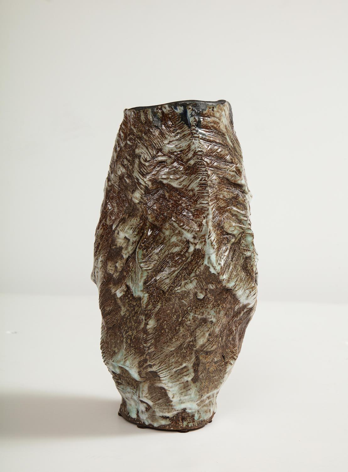 Hand-built, glazed stoneware vase form. Signed and dated on underside.