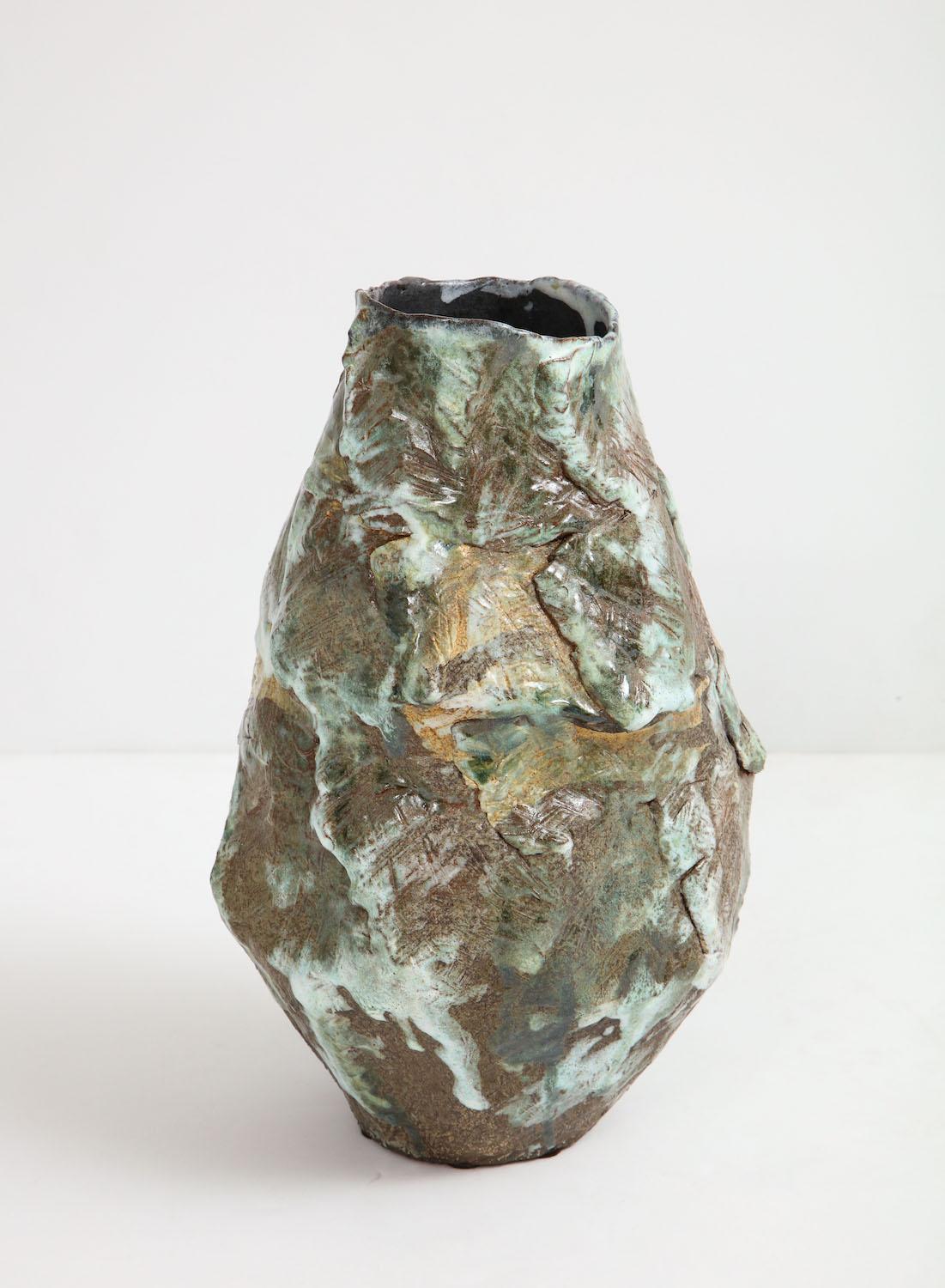 Large sculptural vase #5 by Dena Zemsky. Hand-built, glazed stoneware vase form. Signed and dated on underside.