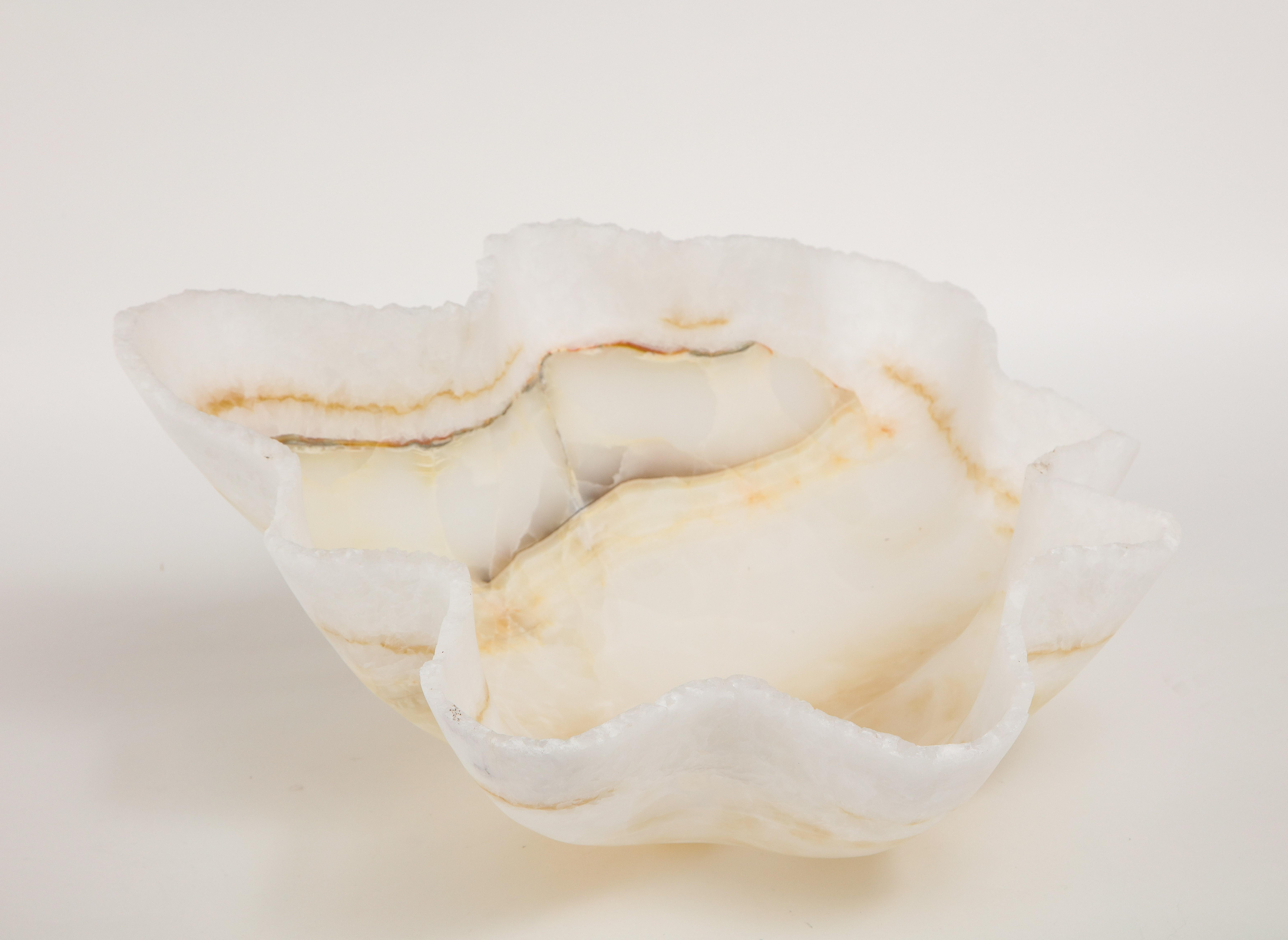 Post-Modern Large Sculptural White and Gold Hand Carved Raw Edge Onyx Bowl or Centerpiece