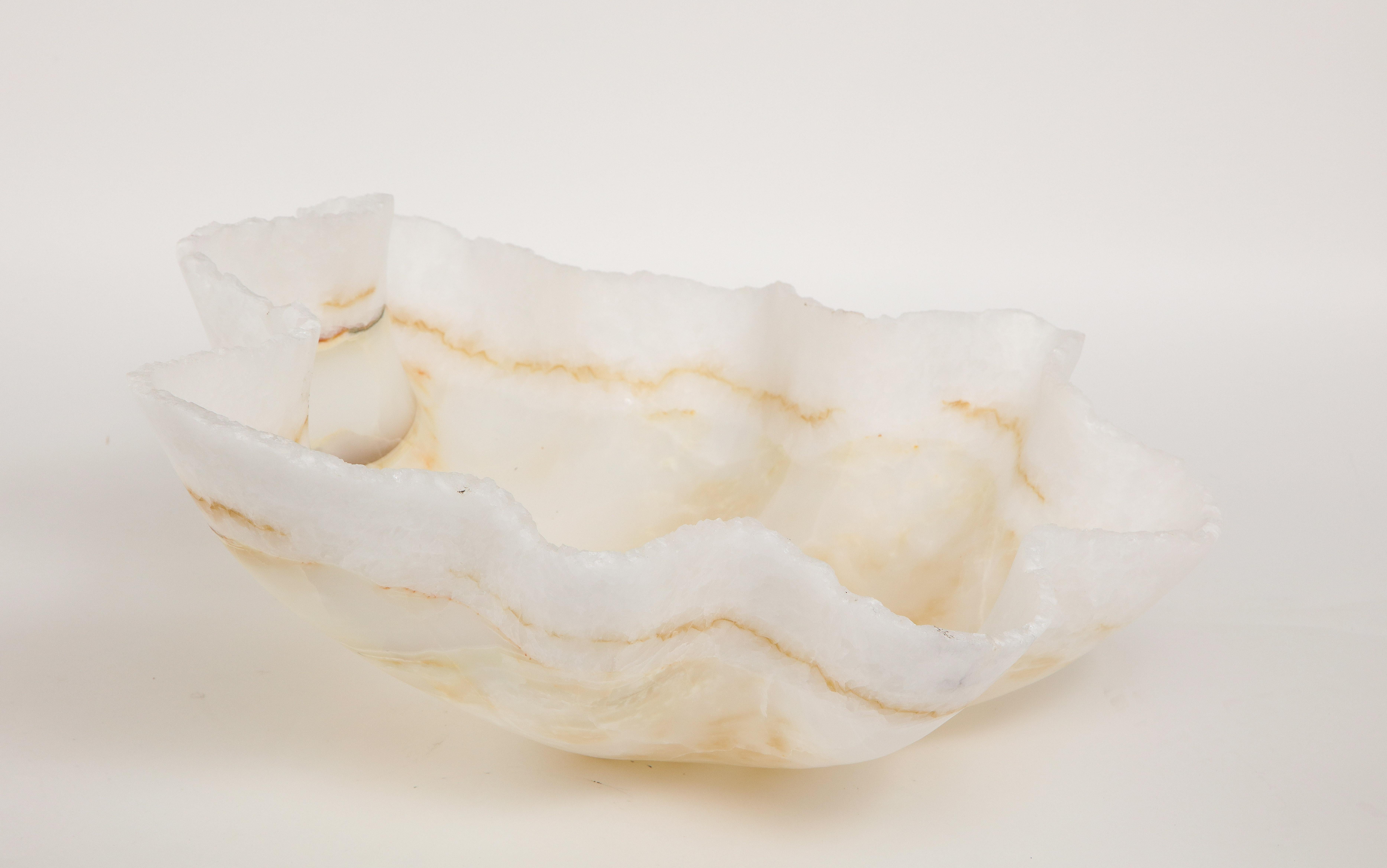 Hand-Carved Large Sculptural White and Gold Hand Carved Raw Edge Onyx Bowl or Centerpiece