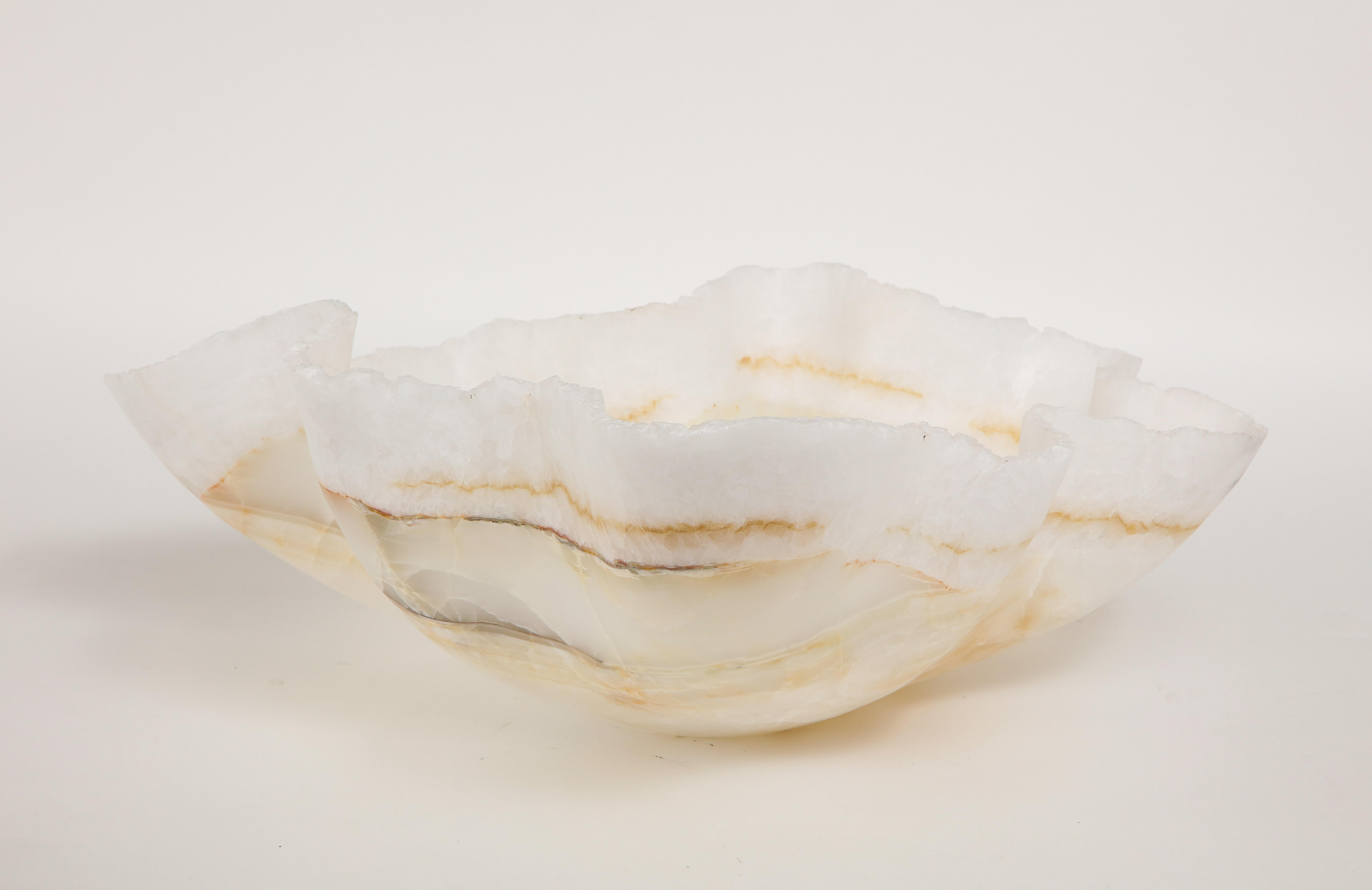 Large Sculptural White and Gold Hand Carved Raw Edge Onyx Bowl or Centerpiece In Excellent Condition In New York, NY