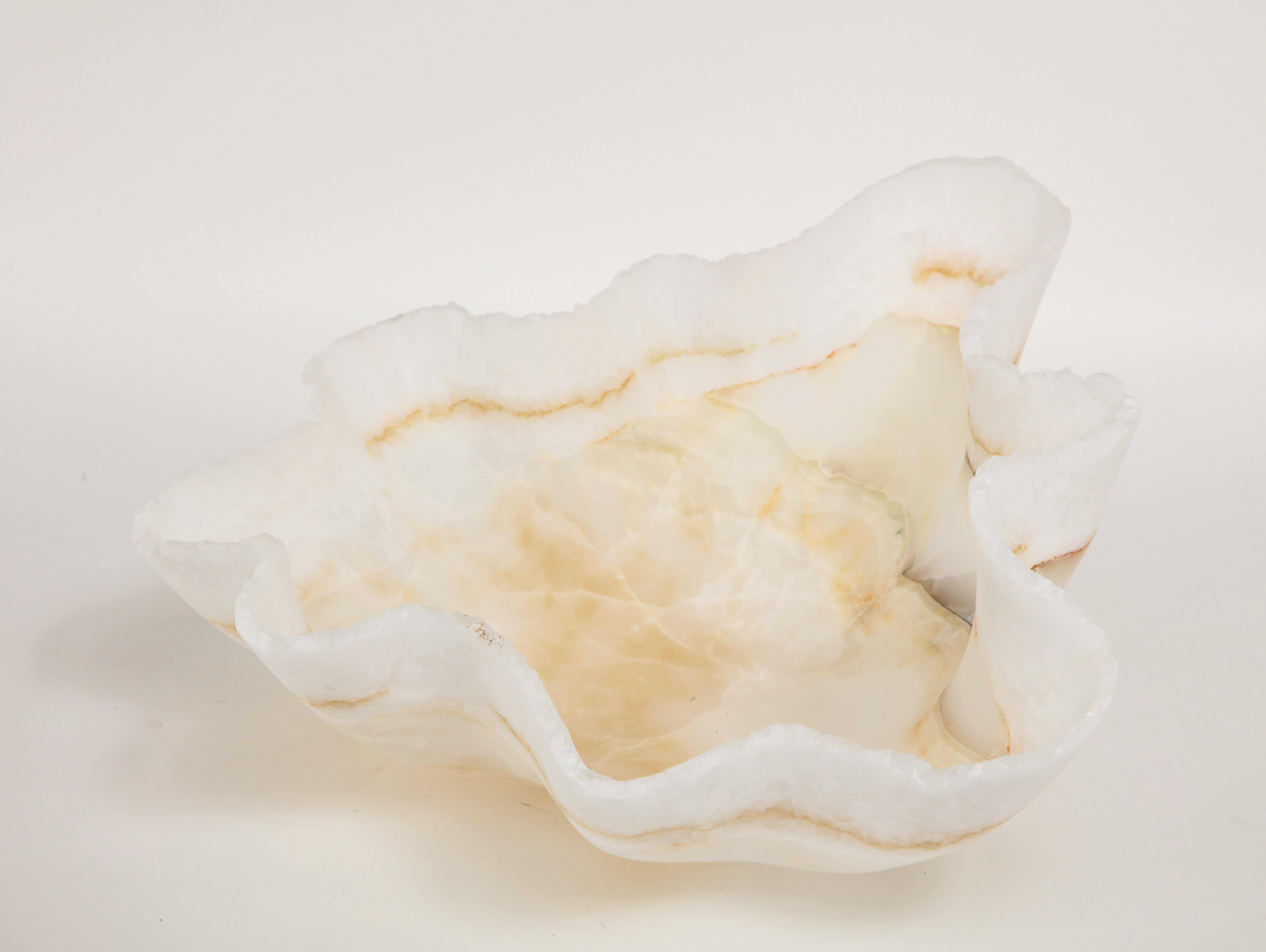 Contemporary Large Sculptural White and Gold Hand Carved Raw Edge Onyx Bowl or Centerpiece
