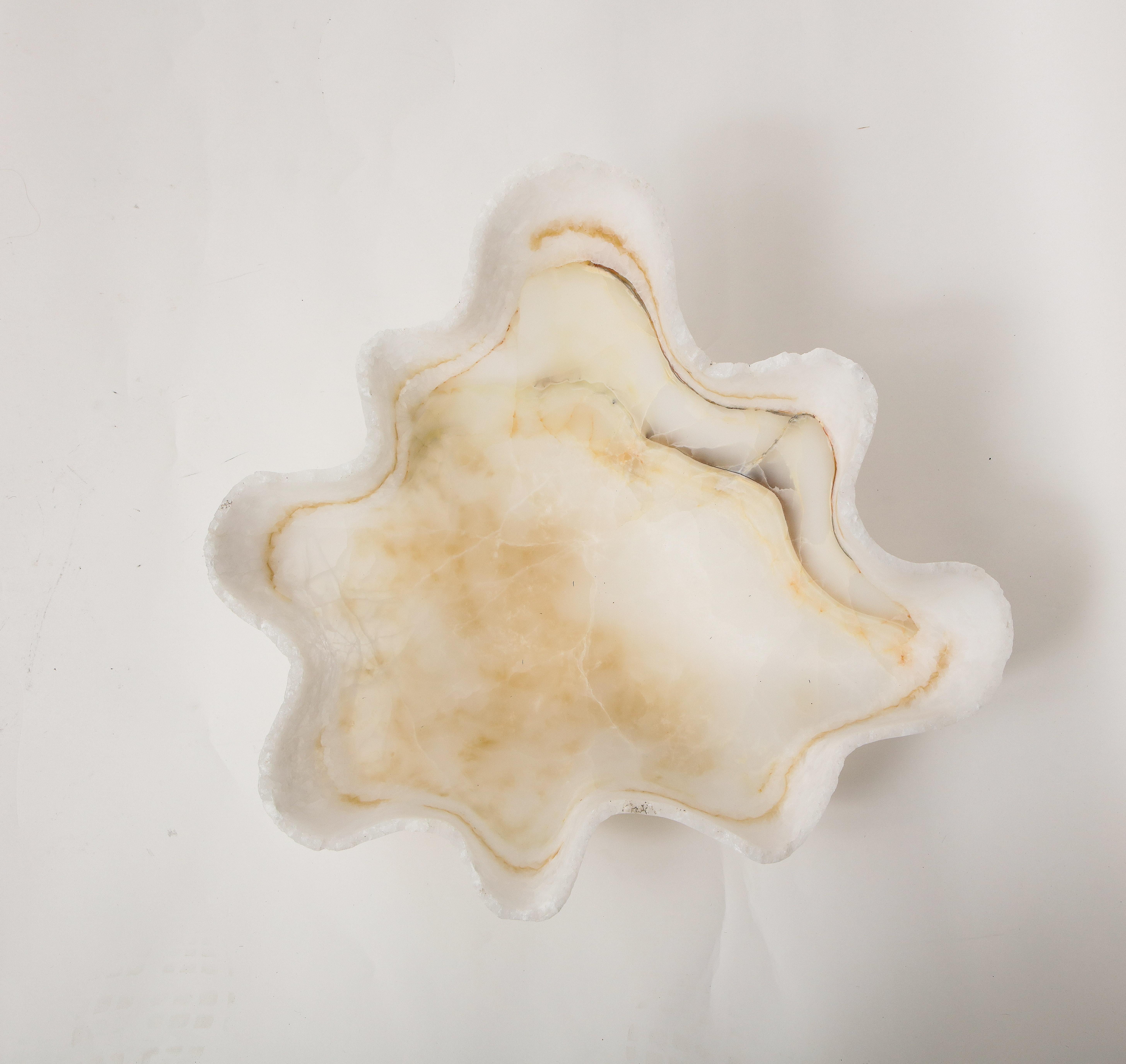 Large Sculptural White and Gold Hand Carved Raw Edge Onyx Bowl or Centerpiece 1