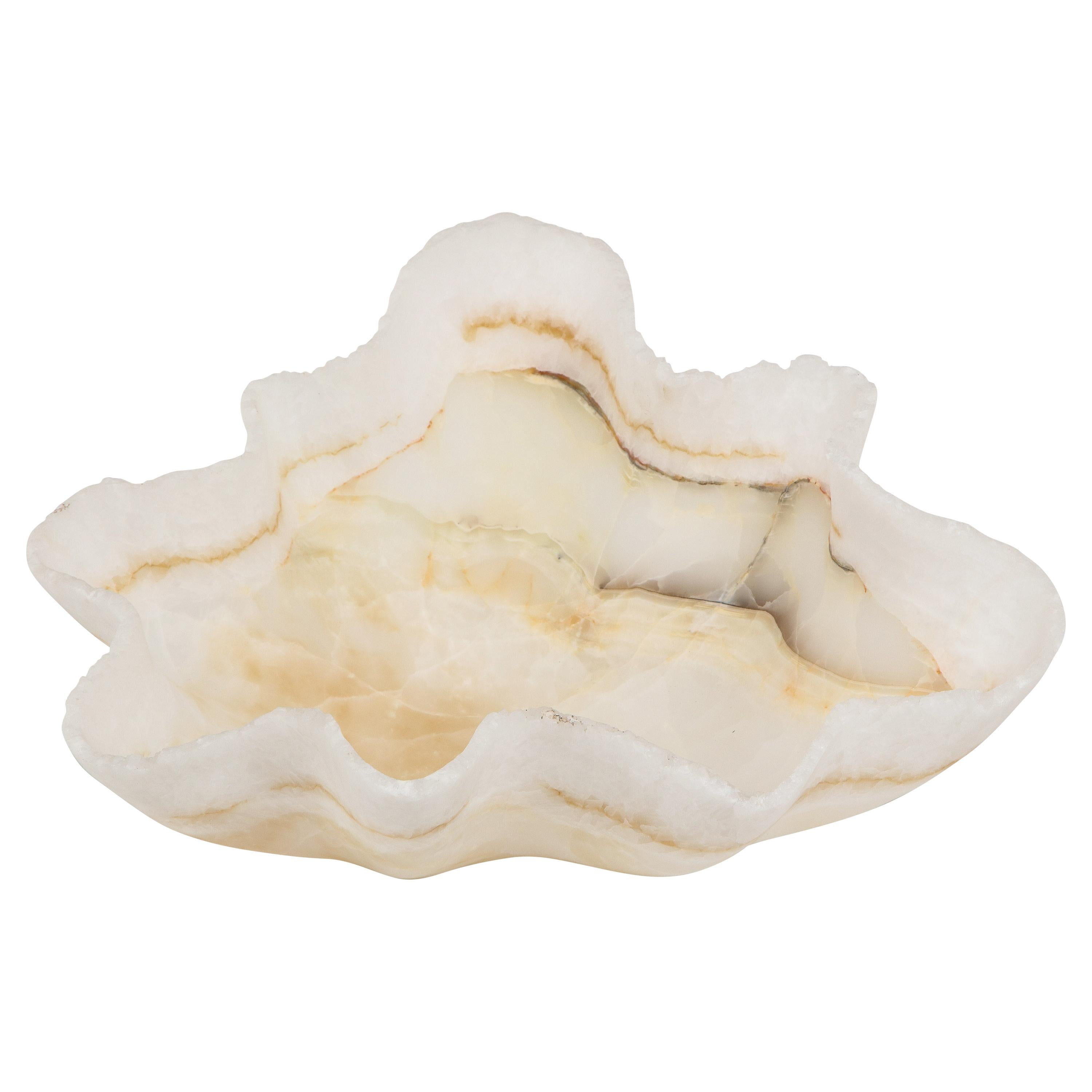 Large Sculptural White and Gold Hand Carved Raw Edge Onyx Bowl or Centerpiece