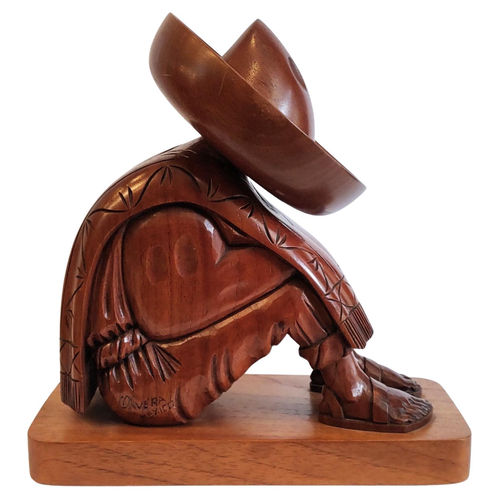 Large Sculpture Hand Carved in Mahogany of Sleeping Man with Large Hat For Sale