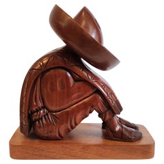 Large Sculpture Hand Carved in Mahogany of Sleeping Man with Large Hat