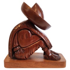 Vintage Large Sculpture Hand Carved in Mahogany of Sleeping Man with Large Hat